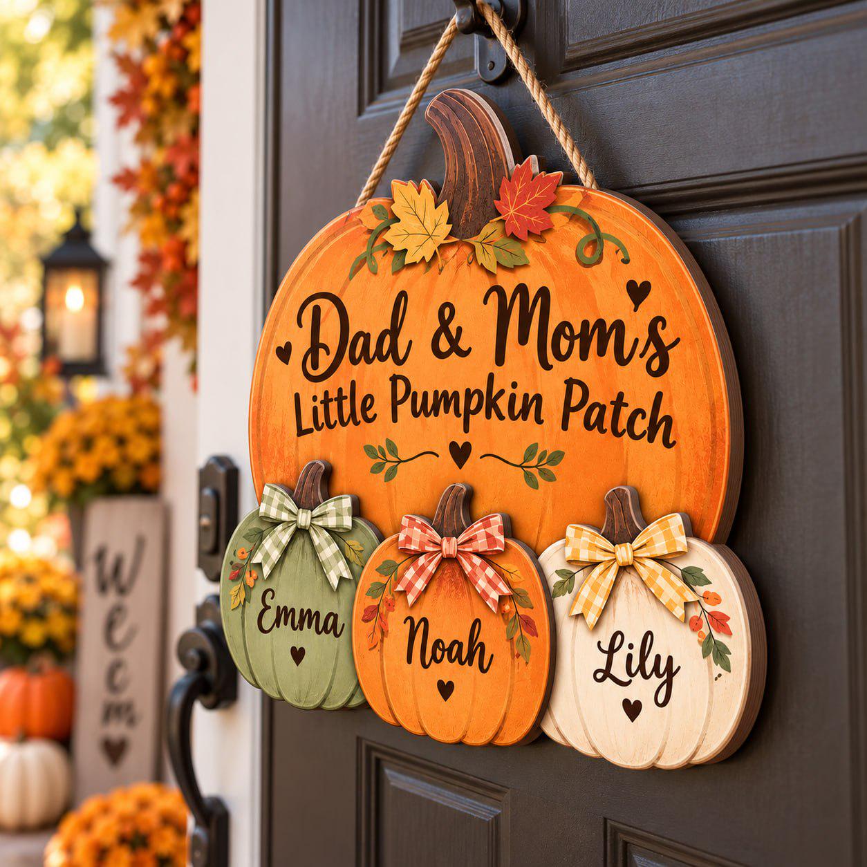 Pumpkin Door Hanger Sign with Personalized Custom Kids Names for Family Patch Fall Door Decor Thanksgiving Porch Gift - photo 2