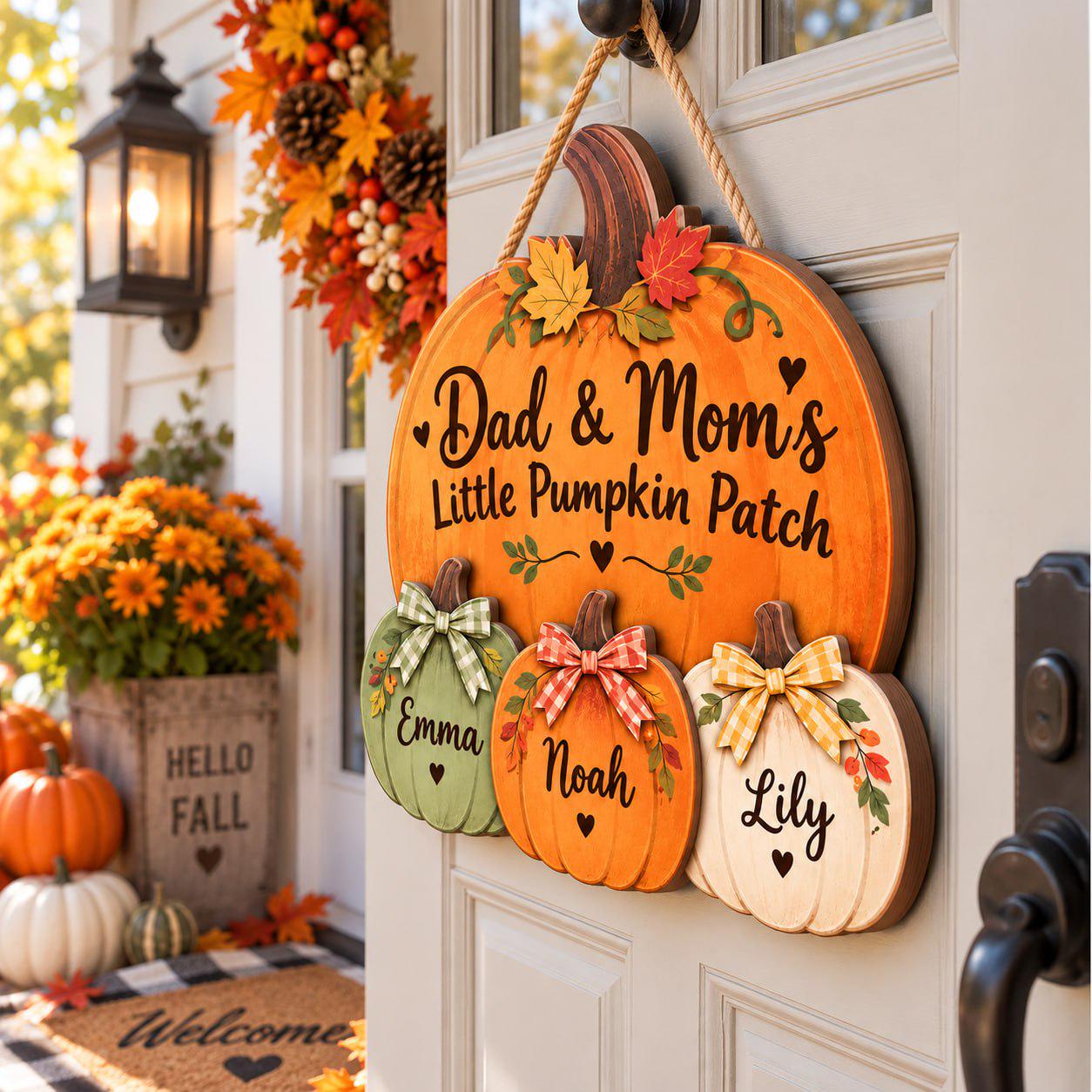 Pumpkin Door Hanger Sign with Personalized Custom Kids Names for Family Patch Fall Door Decor Thanksgiving Porch Gift - photo 3