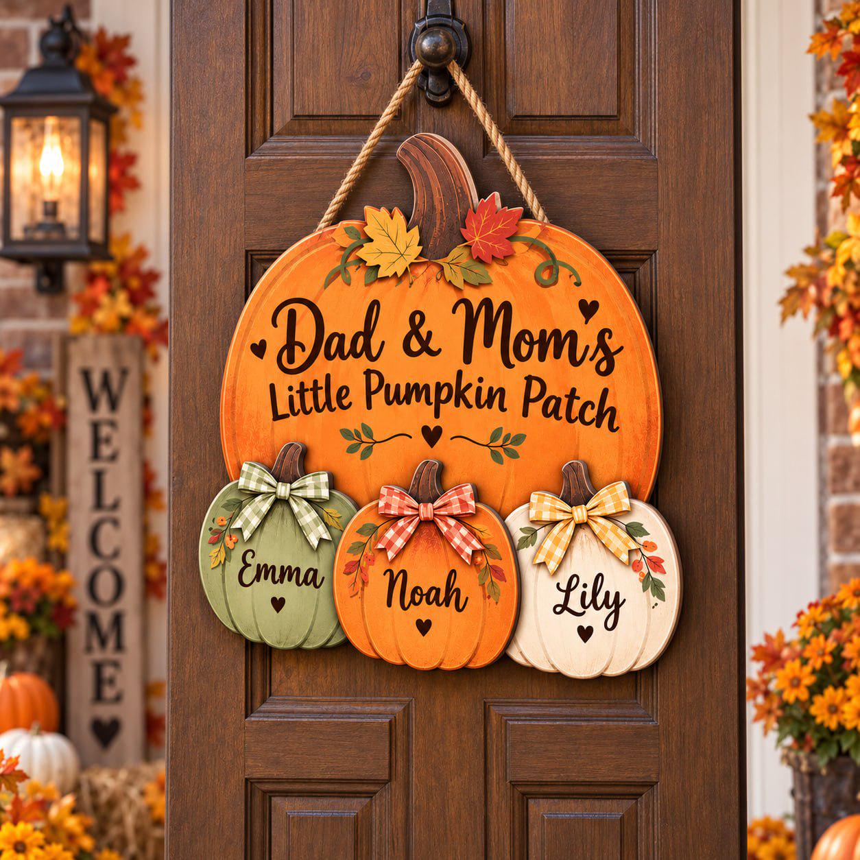 Pumpkin Door Hanger Sign with Personalized Custom Kids Names for Family Patch Fall Door Decor Thanksgiving Porch Gift - photo 4