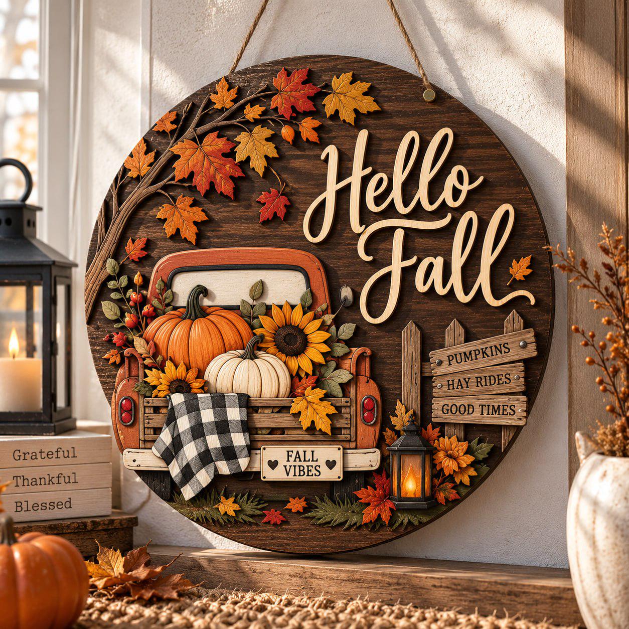Door Hanger Sign with Hello Fall Vintage Truck Pumpkin Wooden Design for Autumn Front Door and Farmhouse Thanksgiving Porch Decor