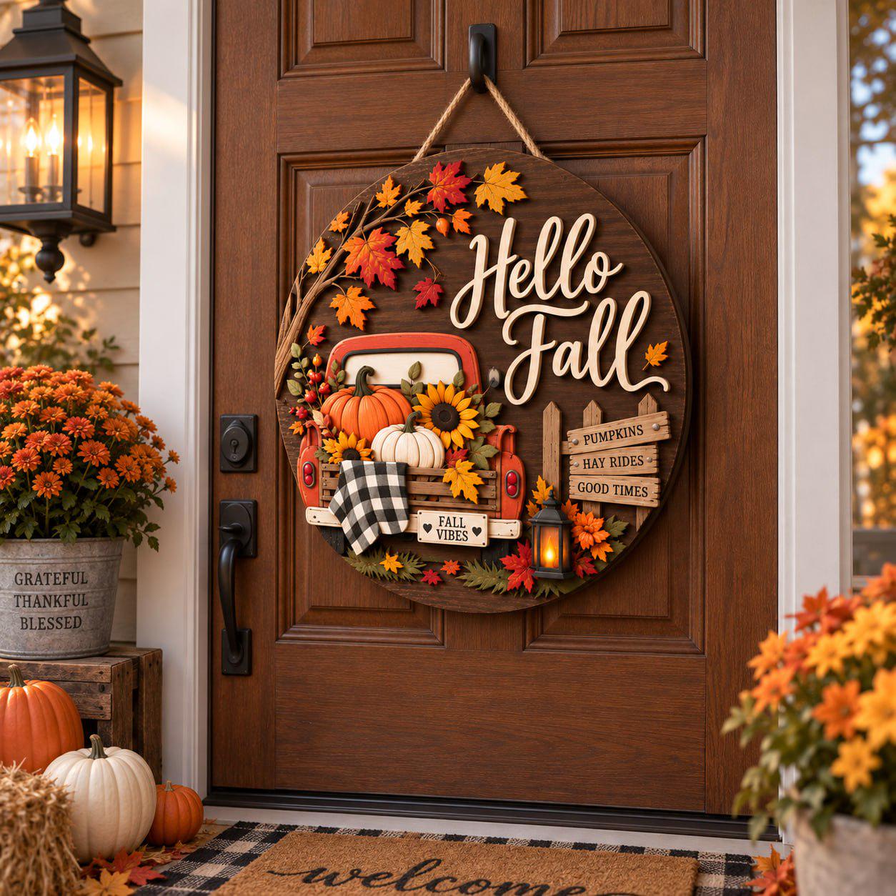Door Hanger Sign with Hello Fall Vintage Truck Pumpkin Wooden Design for Autumn Front Door and Farmhouse Thanksgiving Porch Decor - photo 2