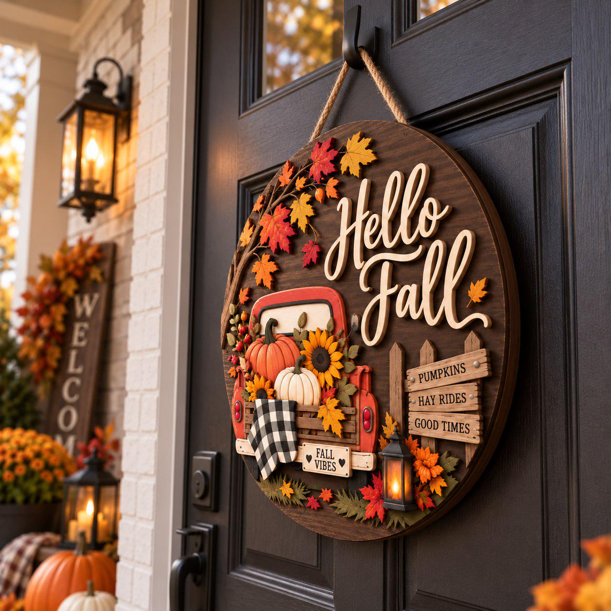 Door Hanger Sign with Hello Fall Vintage Truck Pumpkin Wooden Design for Autumn Front Door and Farmhouse Thanksgiving Porch Decor - photo 3