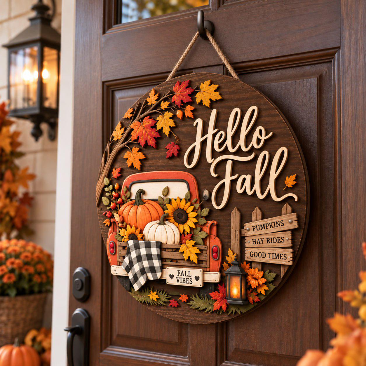 Door Hanger Sign with Hello Fall Vintage Truck Pumpkin Wooden Design for Autumn Front Door and Farmhouse Thanksgiving Porch Decor - photo 4