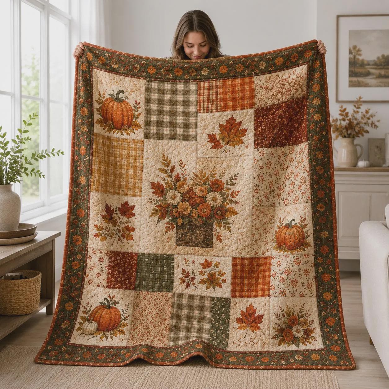 Autumn Pumpkin Quilted Blanket with Fall Floral Patchwork Throw and Maple Leaf Harvest Quilt for Cozy Thanksgiving Farmhouse Home Decor Gift
