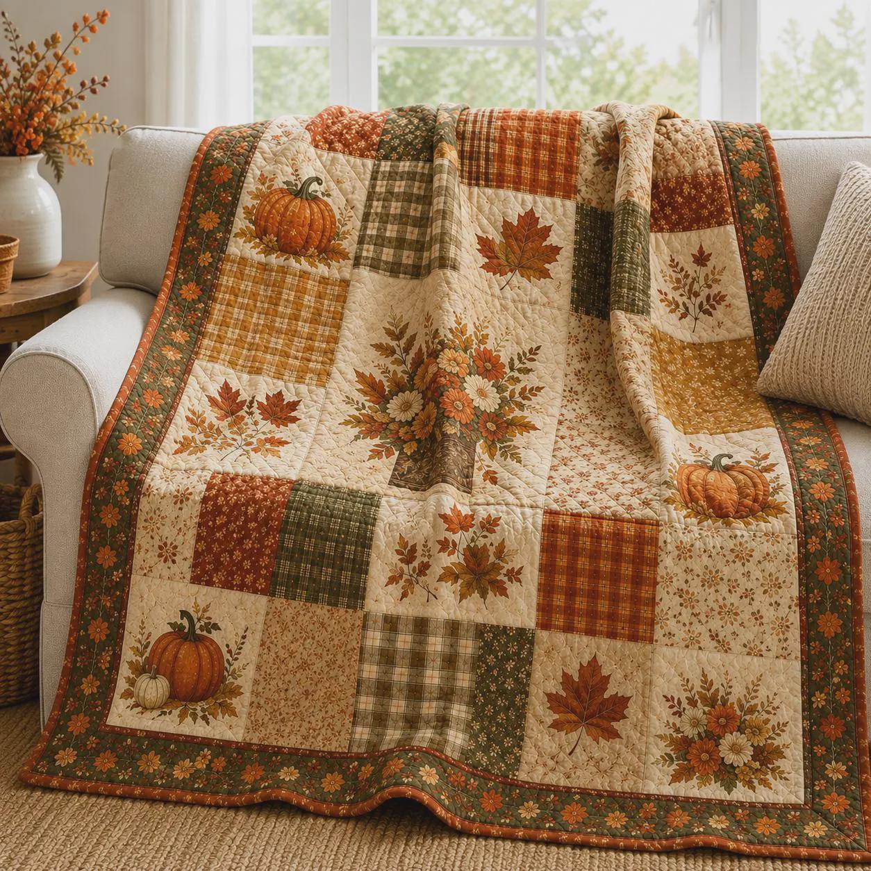 Autumn Pumpkin Quilted Blanket with Fall Floral Patchwork Throw and Maple Leaf Harvest Quilt for Cozy Thanksgiving Farmhouse Home Decor Gift - photo 2