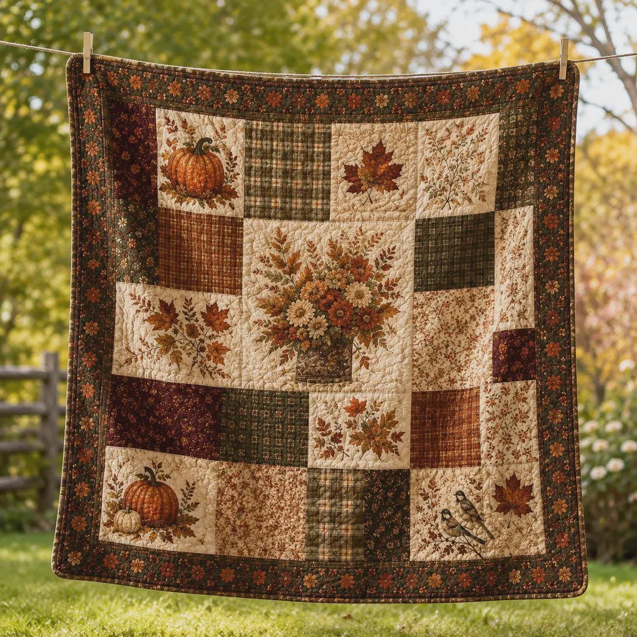 Autumn Pumpkin Quilted Blanket with Fall Floral Patchwork Throw and Maple Leaf Harvest Quilt for Cozy Thanksgiving Farmhouse Home Decor Gift - photo 3
