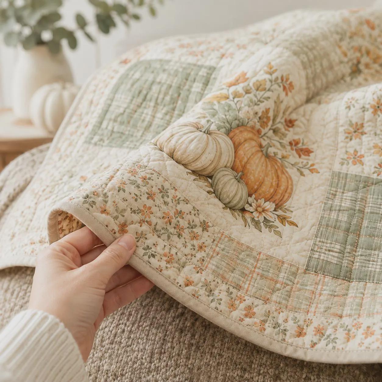 Autumn Pumpkin Quilted Blanket with Fall Floral Patchwork Throw and Maple Leaf Harvest Quilt for Cozy Thanksgiving Farmhouse Home Decor Gift - photo 4