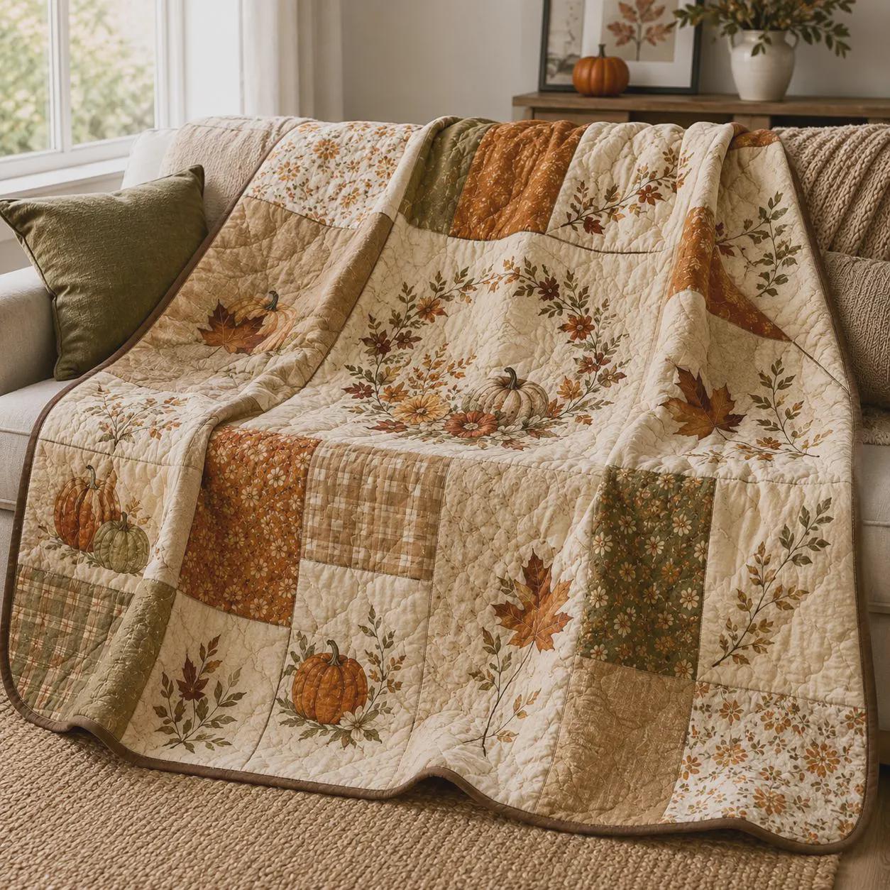 Autumn Pumpkin Quilted Blanket with Fall Floral Patchwork Throw and Maple Leaf Harvest Quilt for Cozy Thanksgiving Farmhouse Home Decor Gift - photo 6