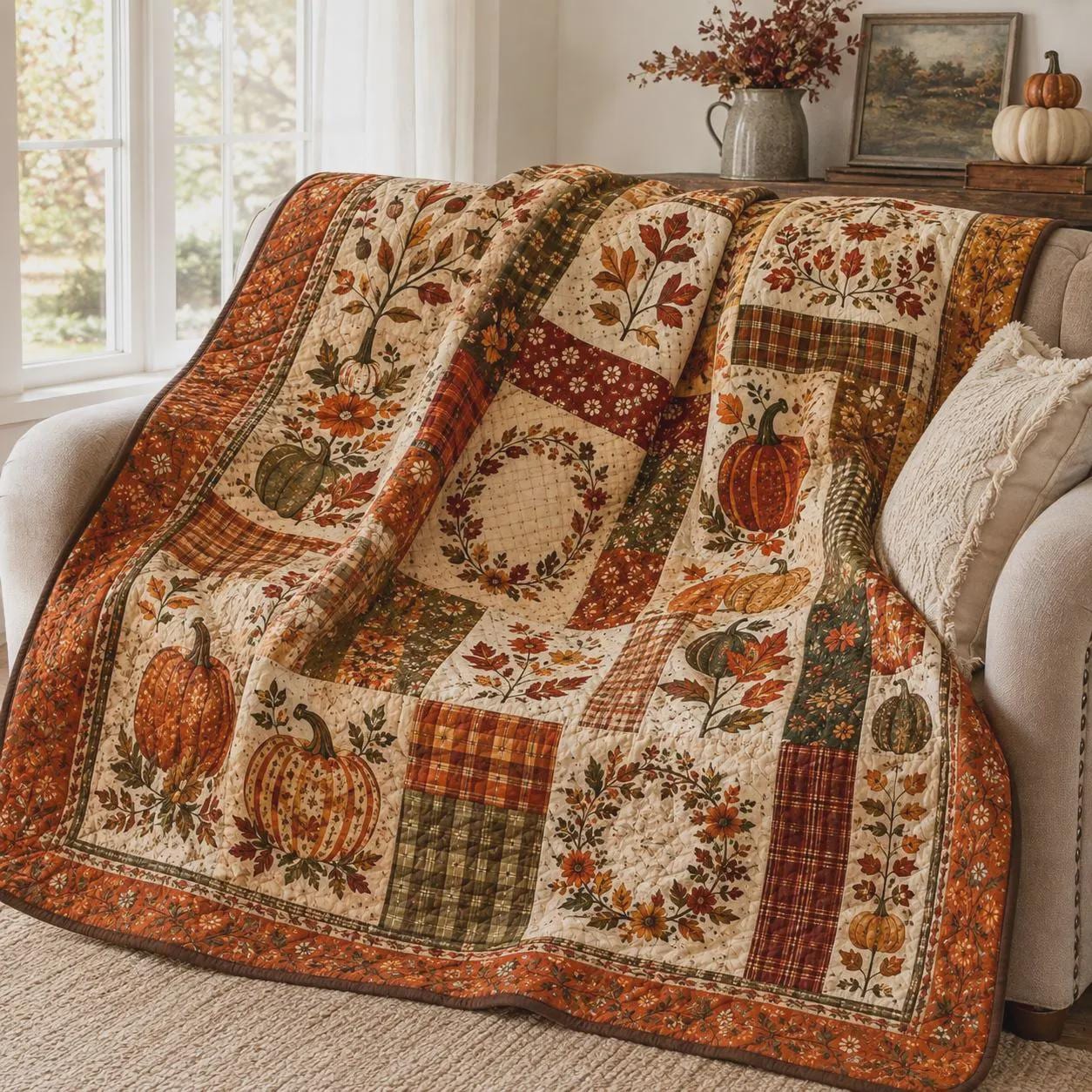 Autumn Pumpkin Quilted Blanket with Fall Floral Patchwork Throw and Maple Leaf Harvest Quilt for Cozy Thanksgiving Farmhouse Home Decor Gift - photo 7