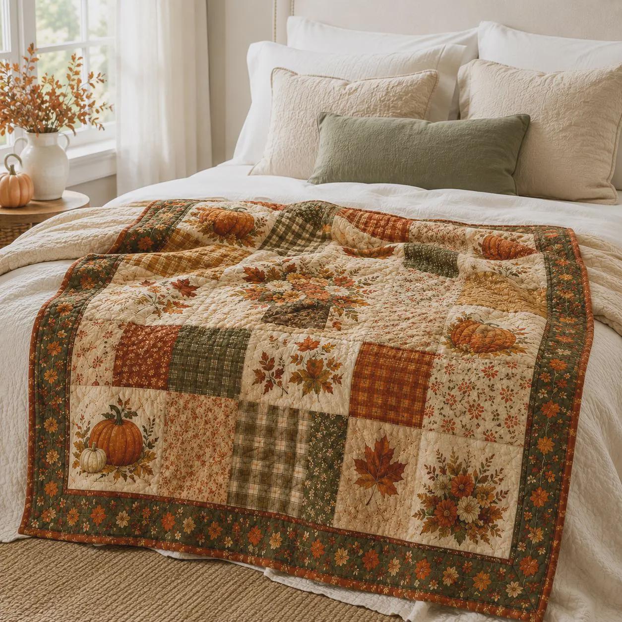 Autumn Pumpkin Quilted Blanket with Fall Floral Patchwork Throw and Maple Leaf Harvest Quilt for Cozy Thanksgiving Farmhouse Home Decor Gift - photo 8