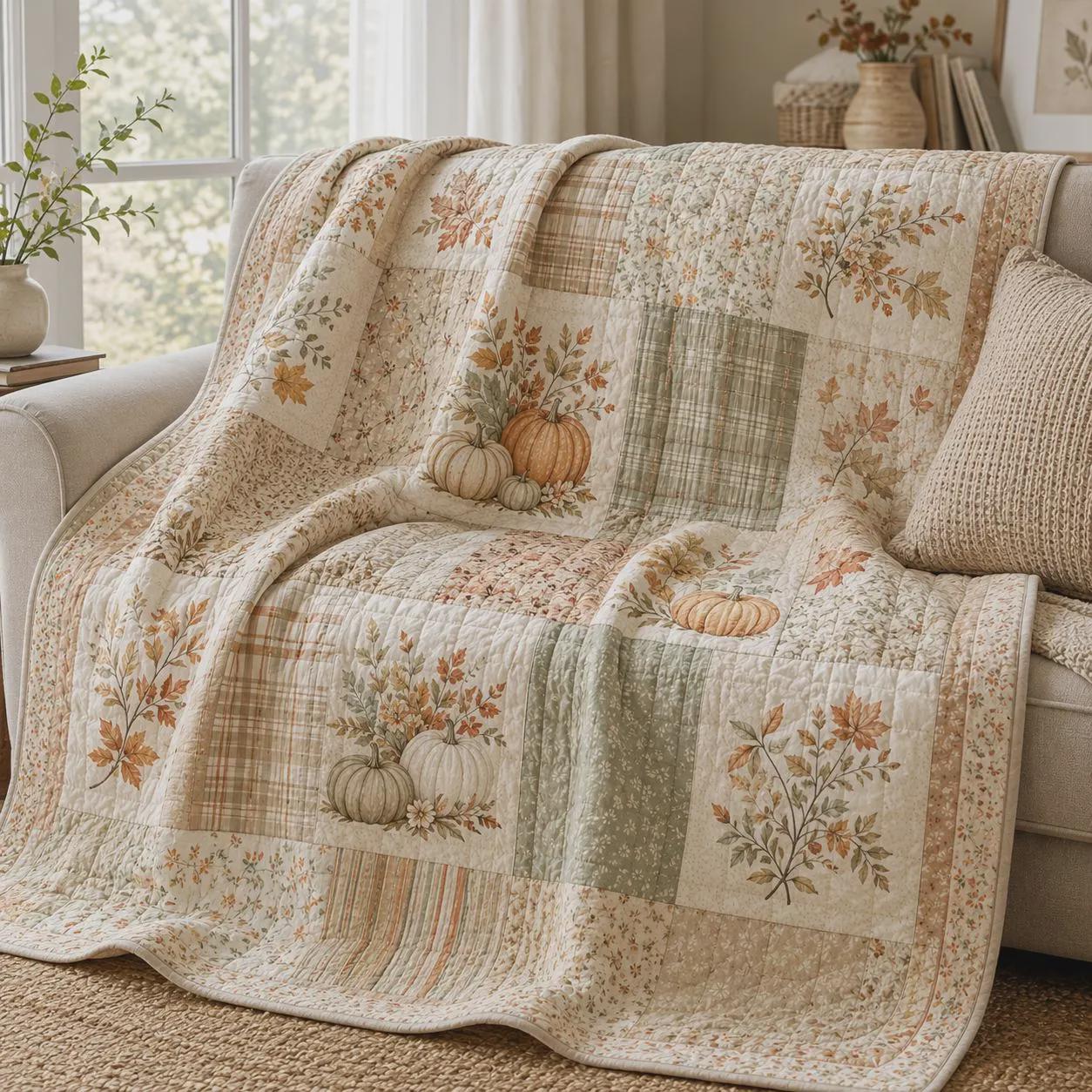 Autumn Pumpkin Quilted Blanket with Fall Floral Patchwork Throw and Maple Leaf Harvest Quilt for Cozy Thanksgiving Farmhouse Home Decor Gift - photo 9