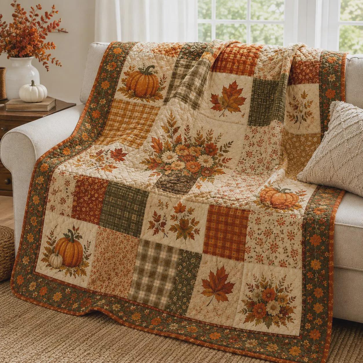 Autumn Pumpkin Quilted Blanket with Fall Floral Patchwork Throw and Maple Leaf Harvest Quilt for Cozy Thanksgiving Farmhouse Home Decor Gift - photo 10