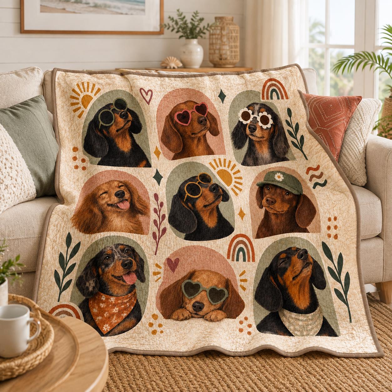 Throw Blanket with Funny Wiener Dogs and Sunglasses in Retro Boho Quilt Style for Dachshund Lover Gift