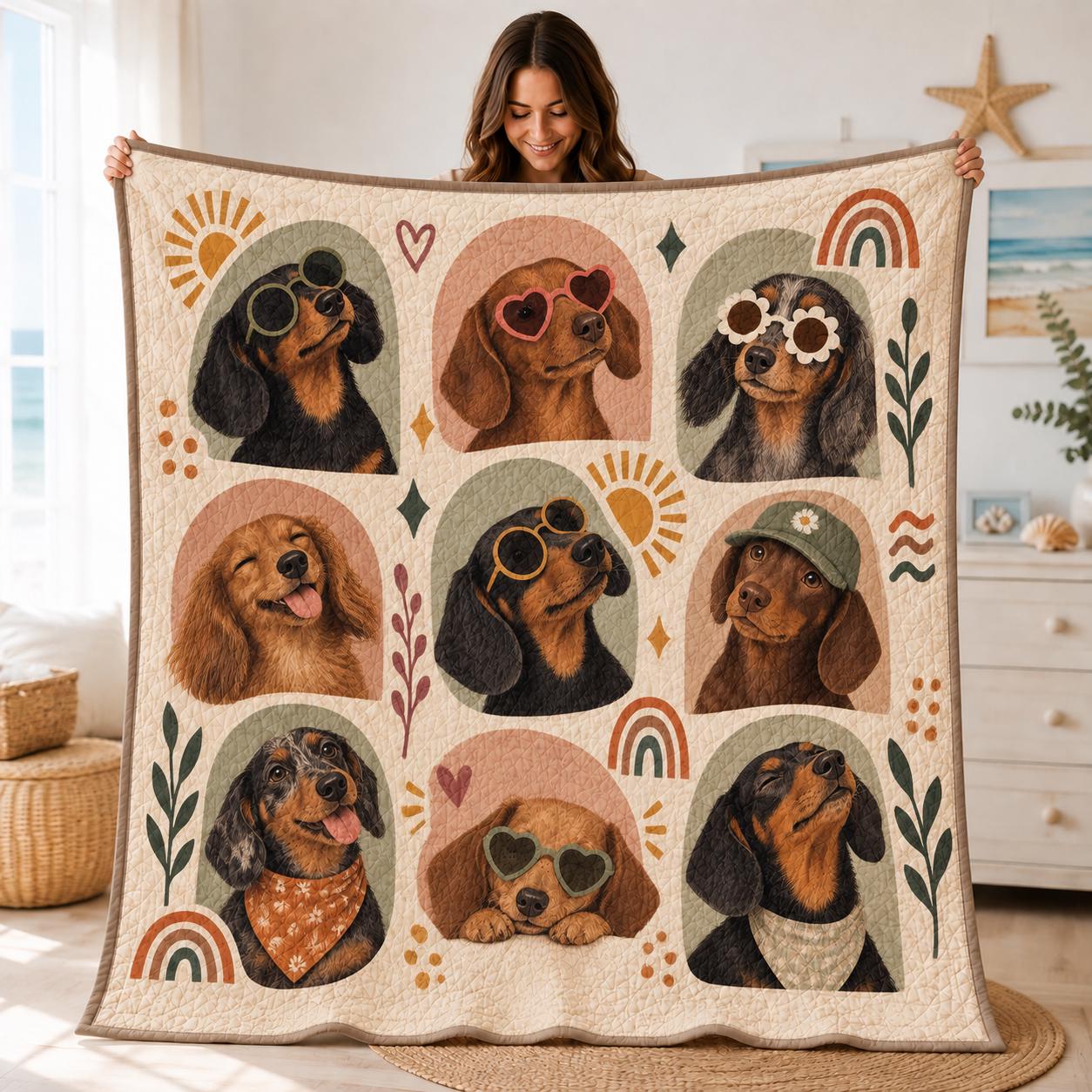 Throw Blanket with Funny Wiener Dogs and Sunglasses in Retro Boho Quilt Style for Dachshund Lover Gift - photo 2