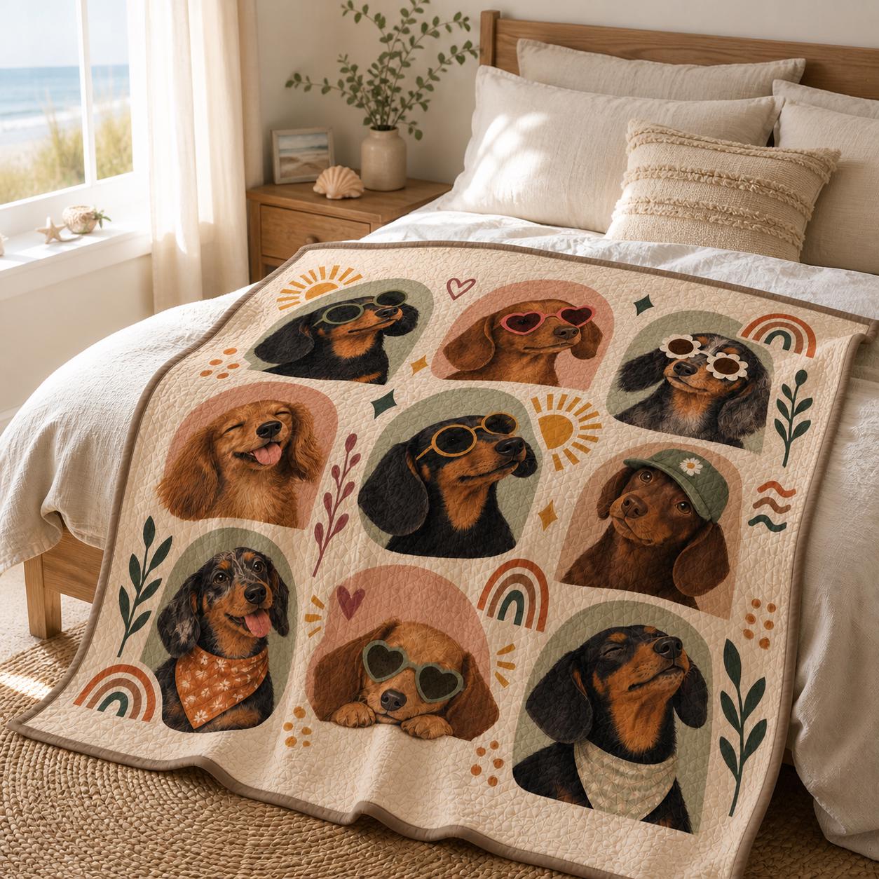 Throw Blanket with Funny Wiener Dogs and Sunglasses in Retro Boho Quilt Style for Dachshund Lover Gift - photo 3