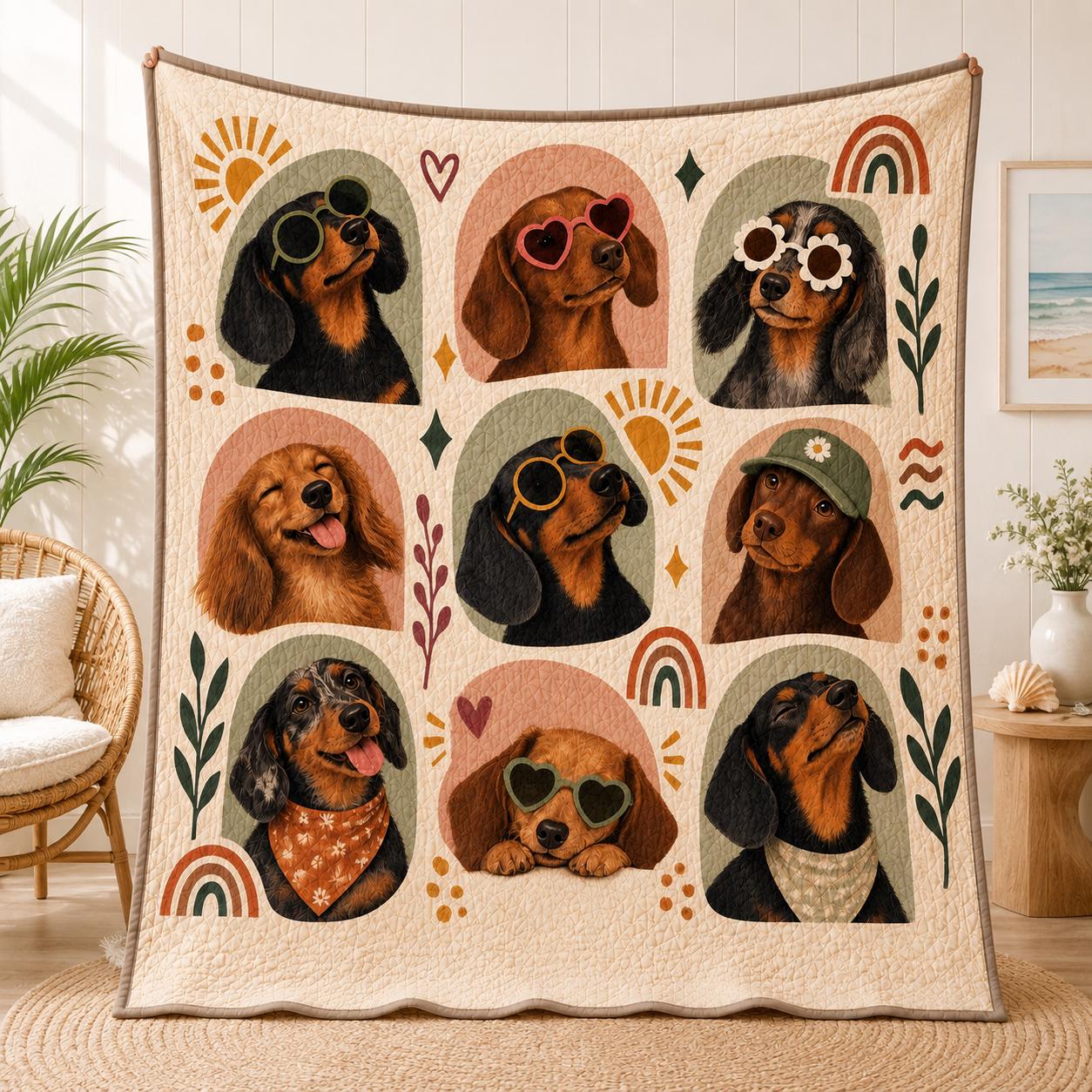 Throw Blanket with Funny Wiener Dogs and Sunglasses in Retro Boho Quilt Style for Dachshund Lover Gift - photo 4