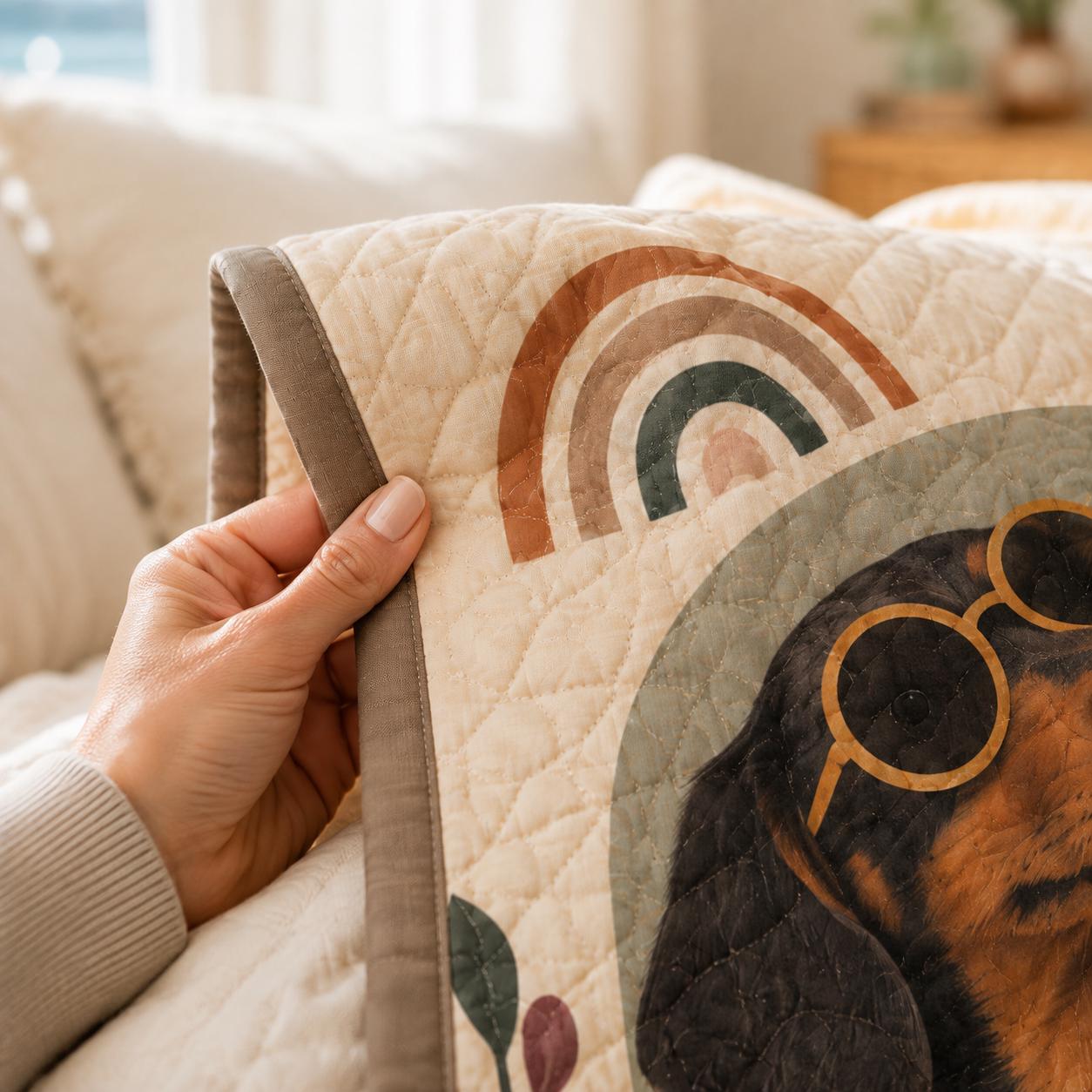 Throw Blanket with Funny Wiener Dogs and Sunglasses in Retro Boho Quilt Style for Dachshund Lover Gift - photo 5