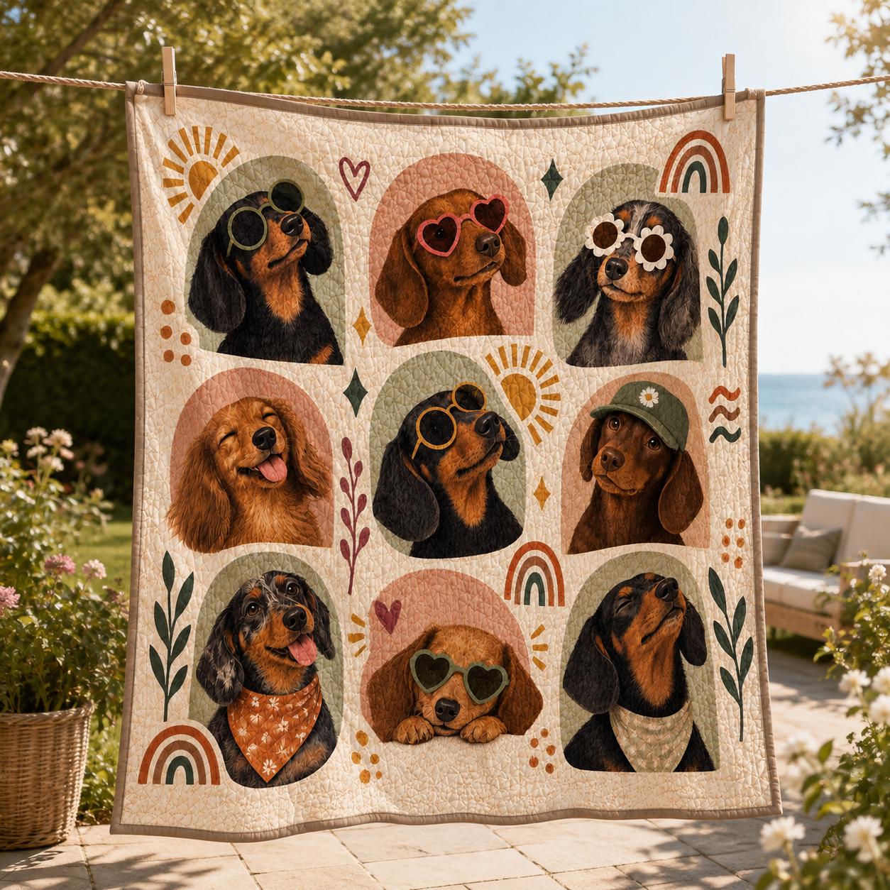 Throw Blanket with Funny Wiener Dogs and Sunglasses in Retro Boho Quilt Style for Dachshund Lover Gift - photo 6