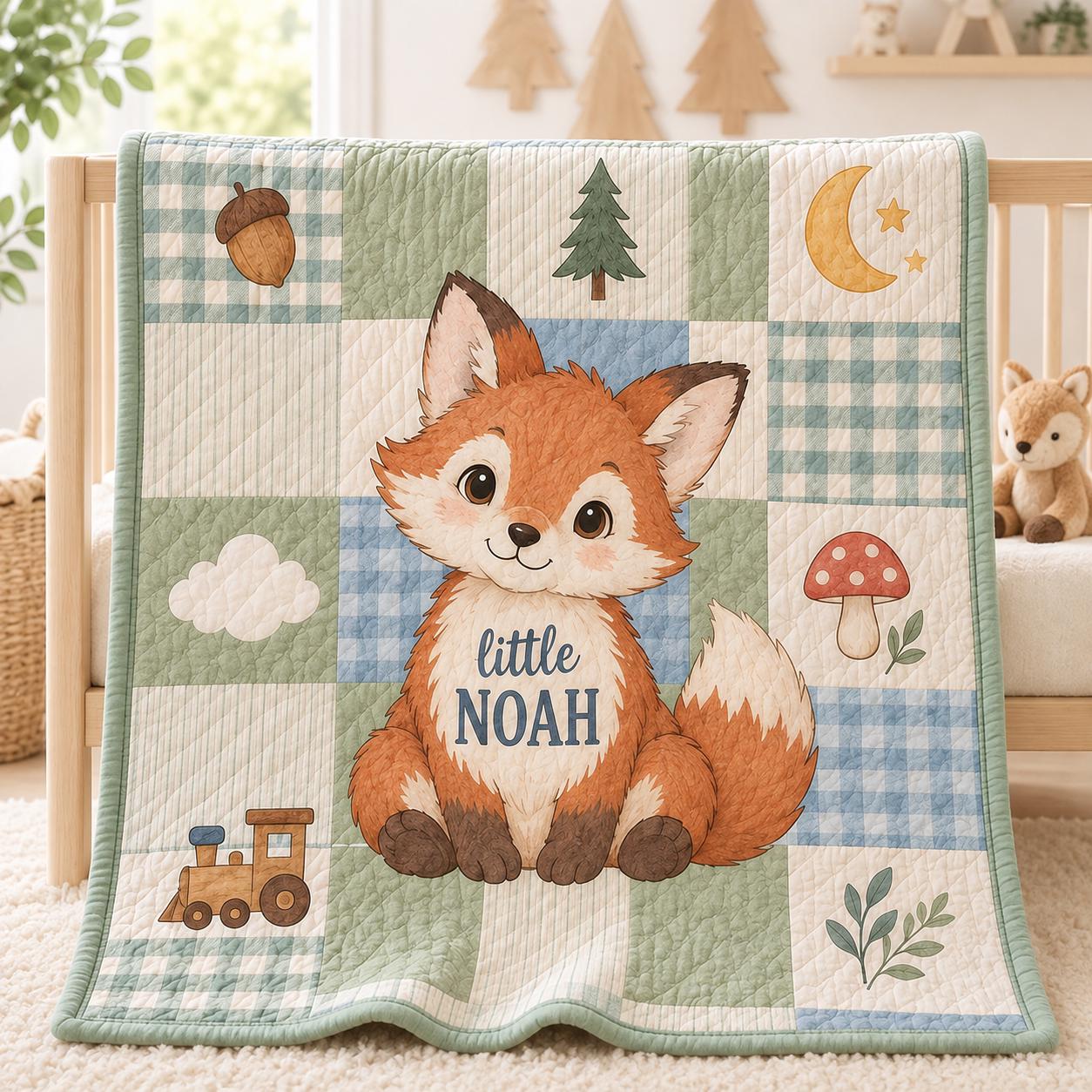 Personalized Baby Blanket with Custom Name Woodland Animal Nursery Throw and Fox Elephant Bunny Deer Quilt Style Shower Gift