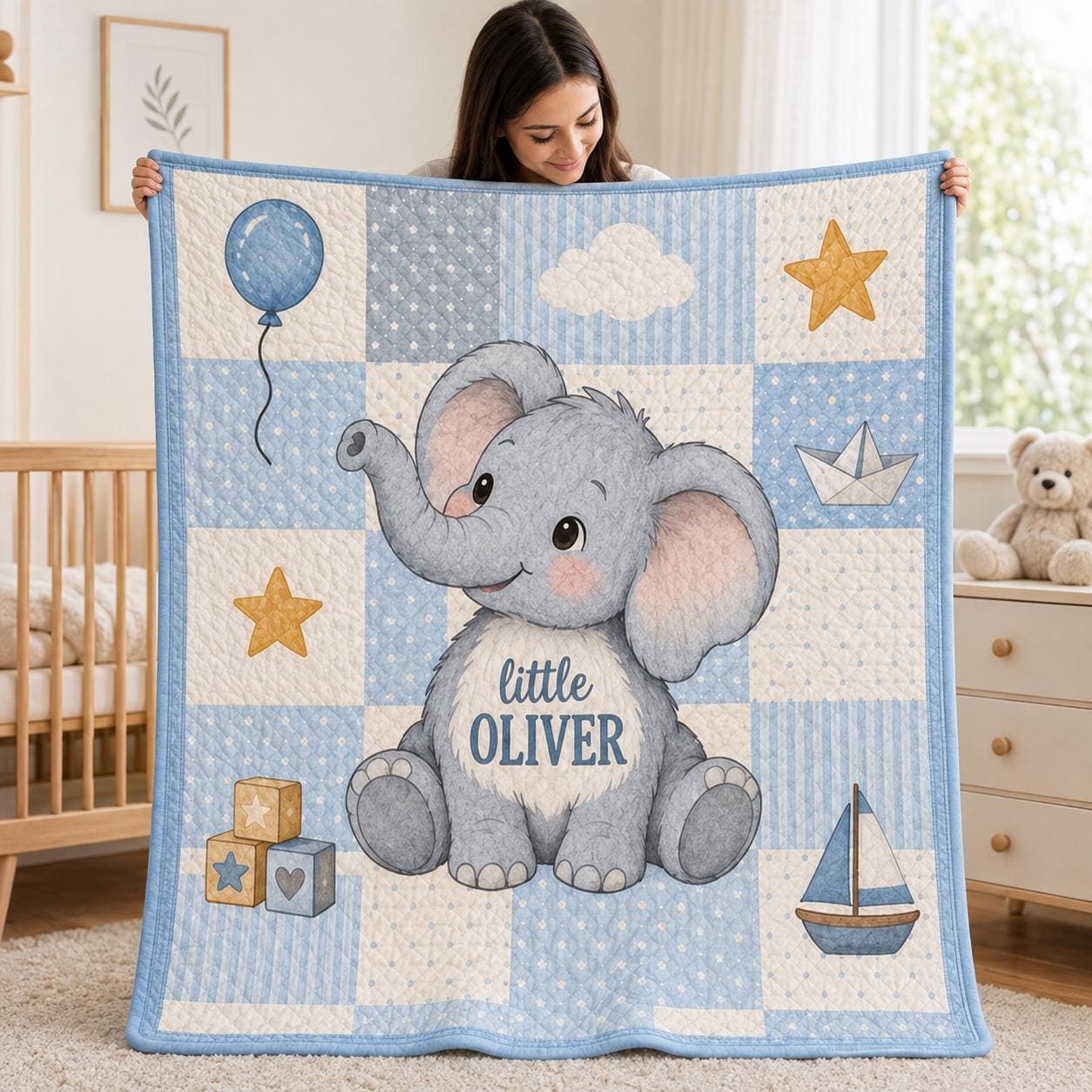 Personalized Baby Blanket with Custom Name Woodland Animal Nursery Throw and Fox Elephant Bunny Deer Quilt Style Shower Gift - photo 2