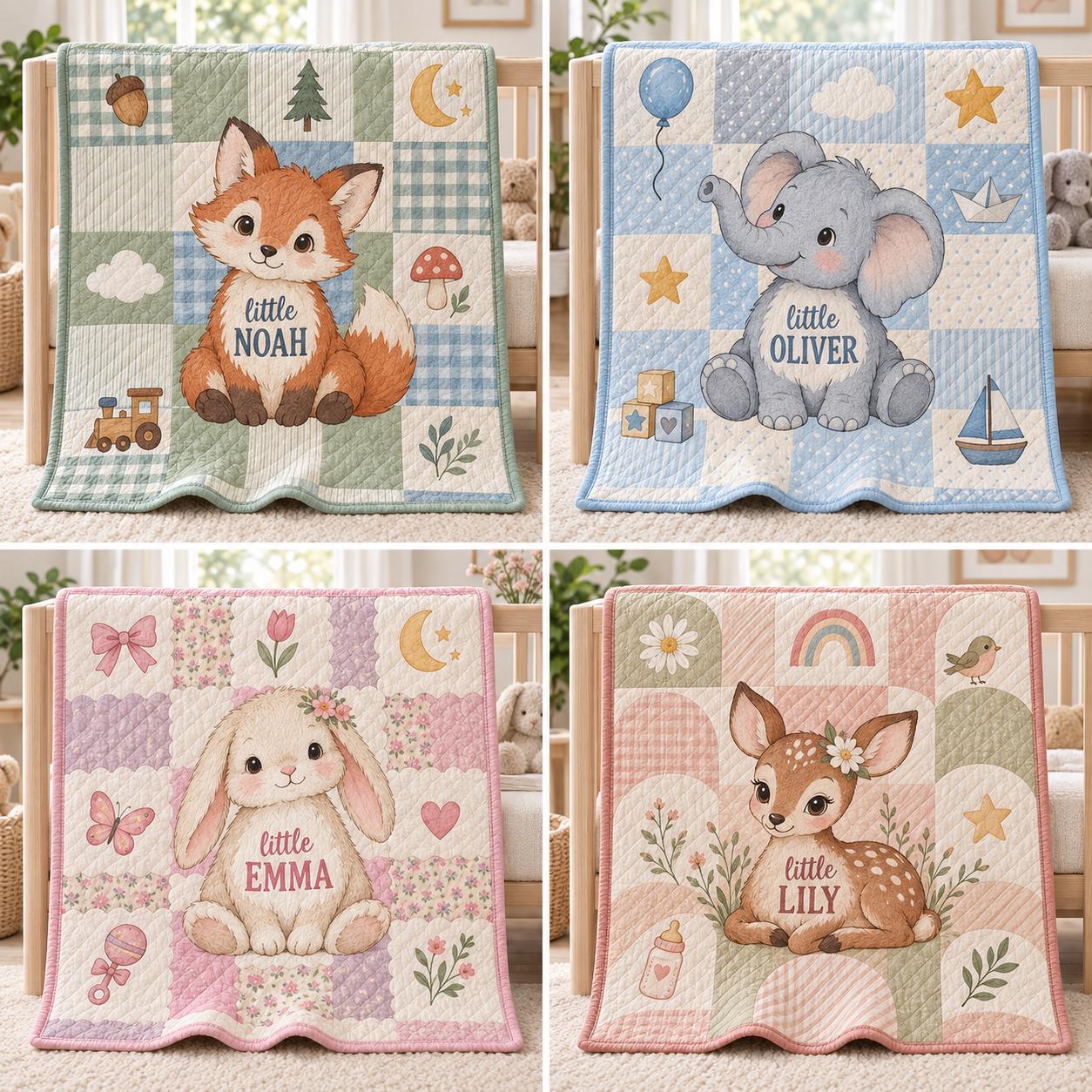 Personalized Baby Blanket with Custom Name Woodland Animal Nursery Throw and Fox Elephant Bunny Deer Quilt Style Shower Gift - photo 10