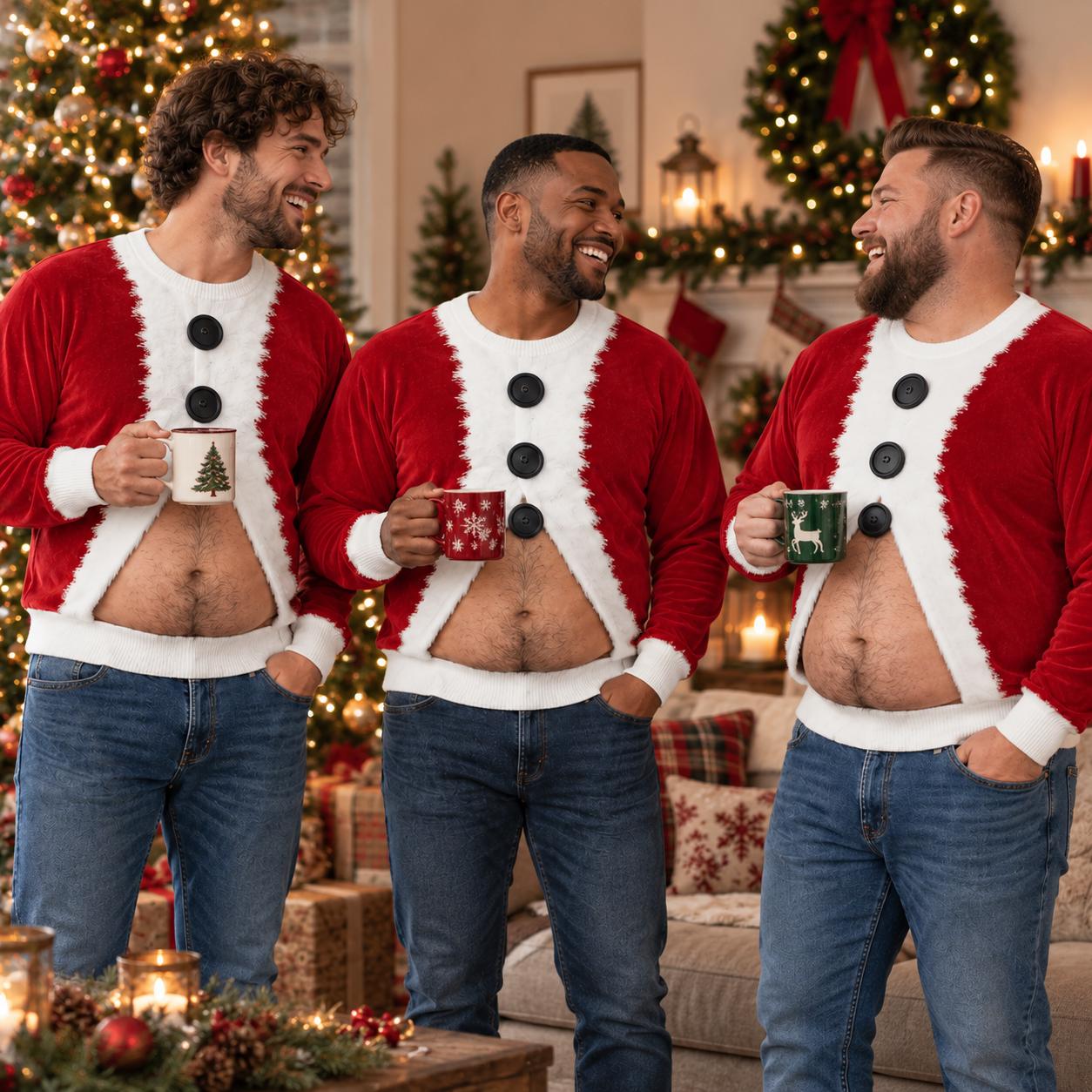 Funny Santa Belly Ugly Christmas Sweater with Hairy Chest Fake Body Illusion Sweatshirt and Xmas Gag Gift for Husband Dad Grandpa