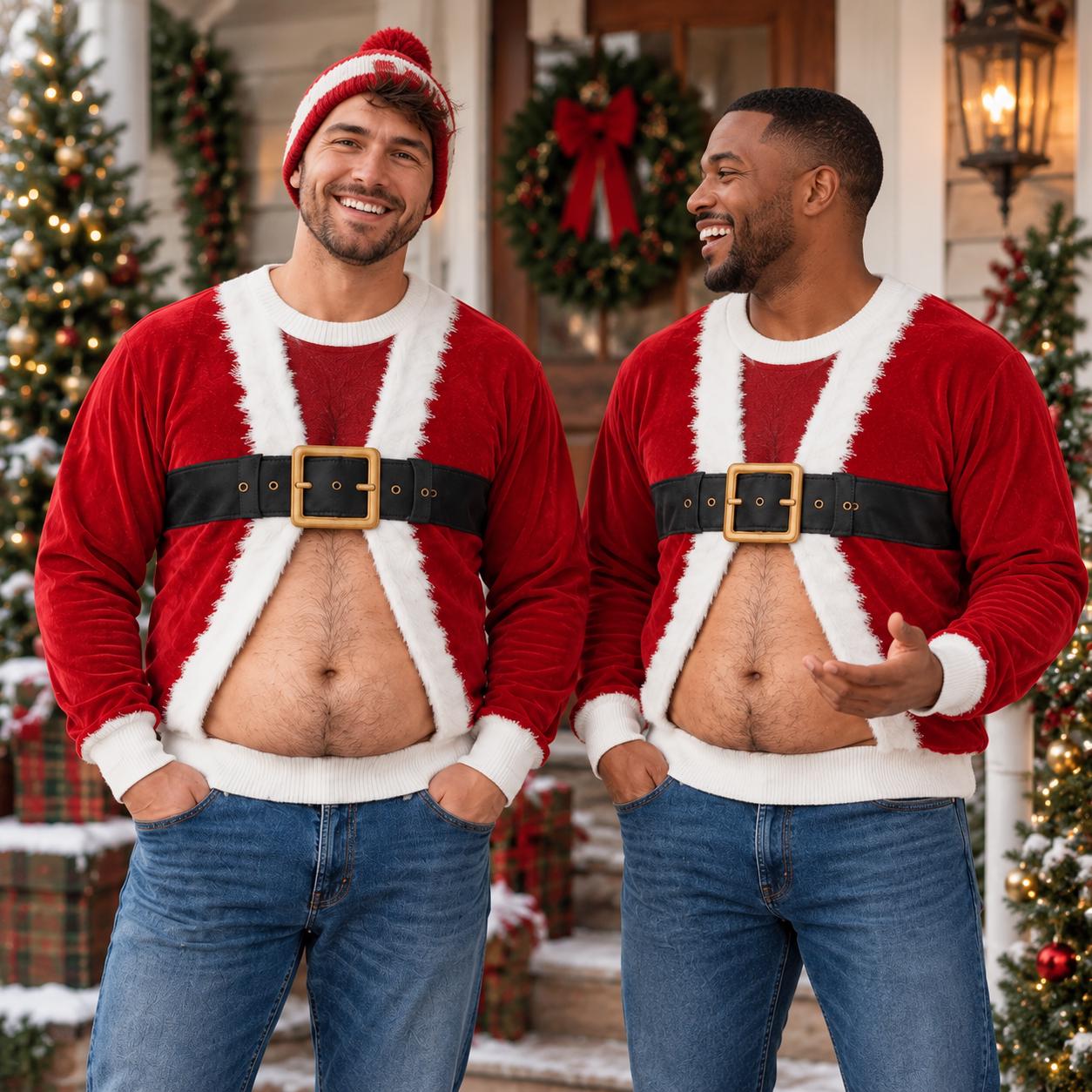 Funny Santa Belly Ugly Christmas Sweater with Hairy Chest Fake Body Illusion Sweatshirt and Xmas Gag Gift for Husband Dad Grandpa - photo 3