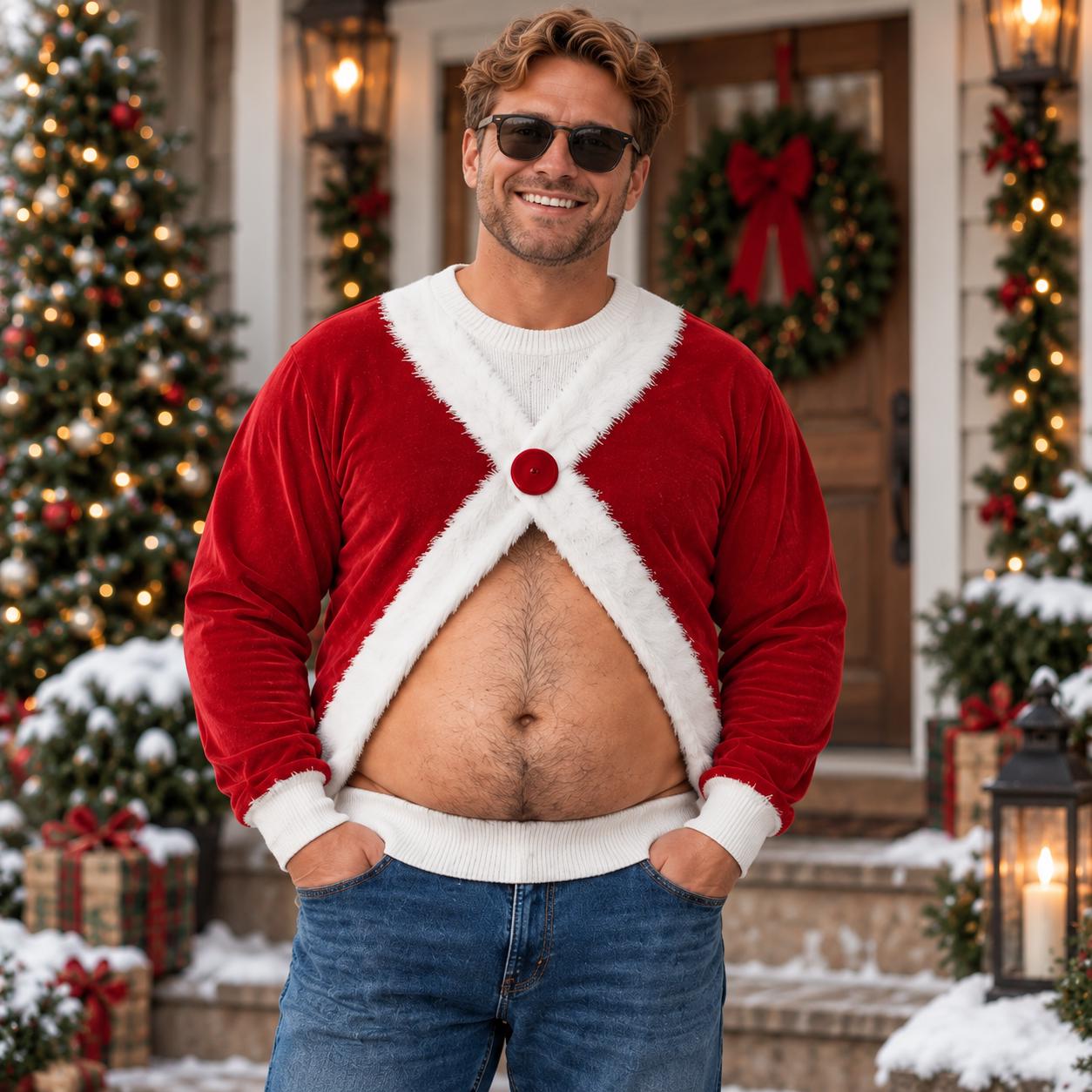 Funny Santa Belly Ugly Christmas Sweater with Hairy Chest Fake Body Illusion Sweatshirt and Xmas Gag Gift for Husband Dad Grandpa - photo 7