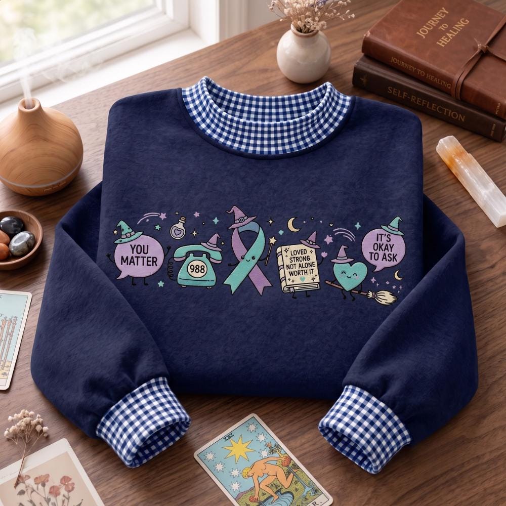 Embroidered Sweatshirt with Teal Ribbon Support Crewneck for Mental Health Awareness, You Matter Shirt with 988 Encouragement Gift for Loved Ones - photo 2