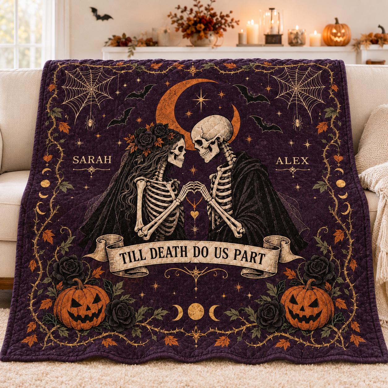 Personalized Skeleton Couple Blanket with Till Death Do Us Part Halloween Throw and Gothic Wedding Quilt Style Anniversary Gift