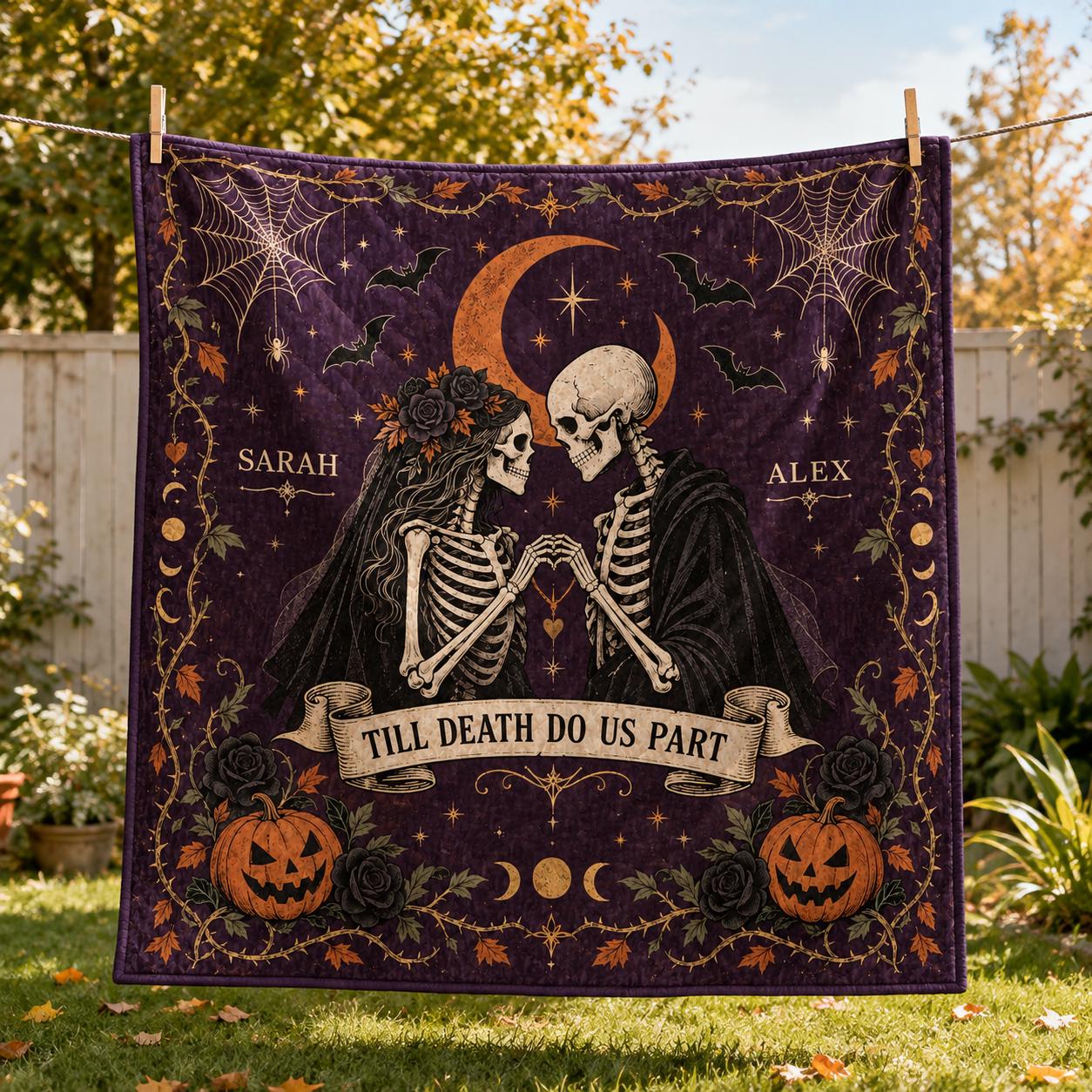 Personalized Skeleton Couple Blanket with Till Death Do Us Part Halloween Throw and Gothic Wedding Quilt Style Anniversary Gift - photo 3