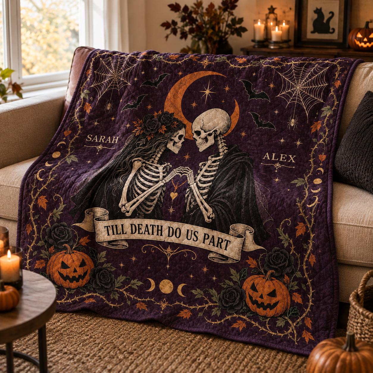 Personalized Skeleton Couple Blanket with Till Death Do Us Part Halloween Throw and Gothic Wedding Quilt Style Anniversary Gift - photo 5