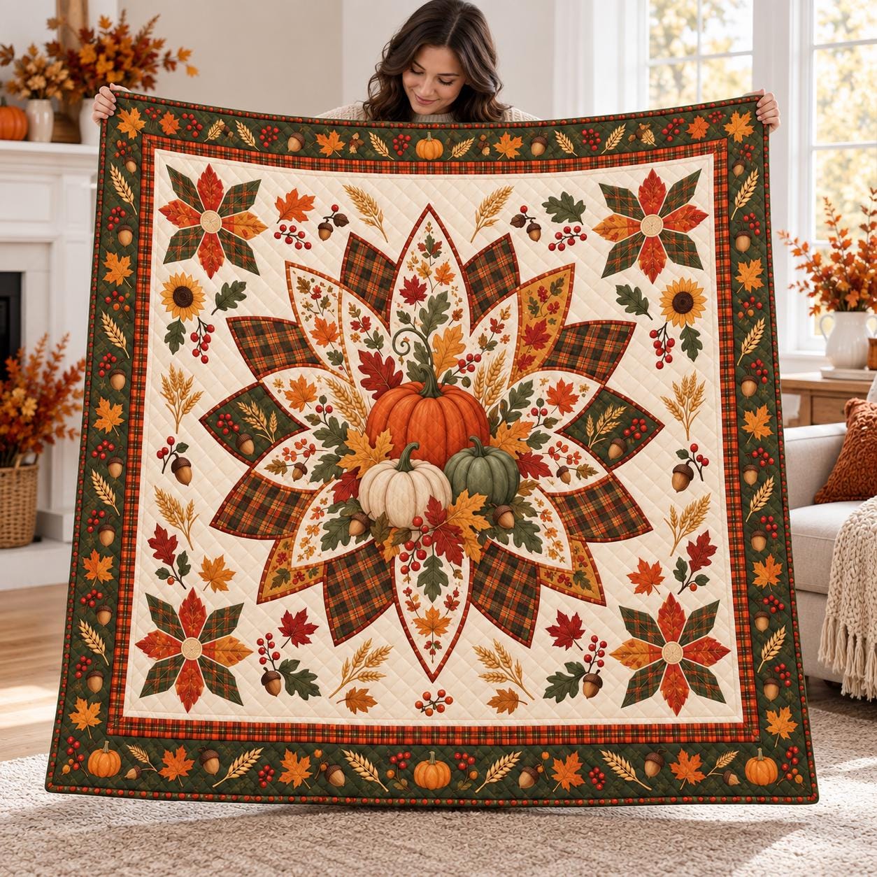 Pumpkin Blanket and Throw with Autumn Harvest Patchwork Style, Quilt Fall Bedding for Thanksgiving Farmhouse Home Decor Gift