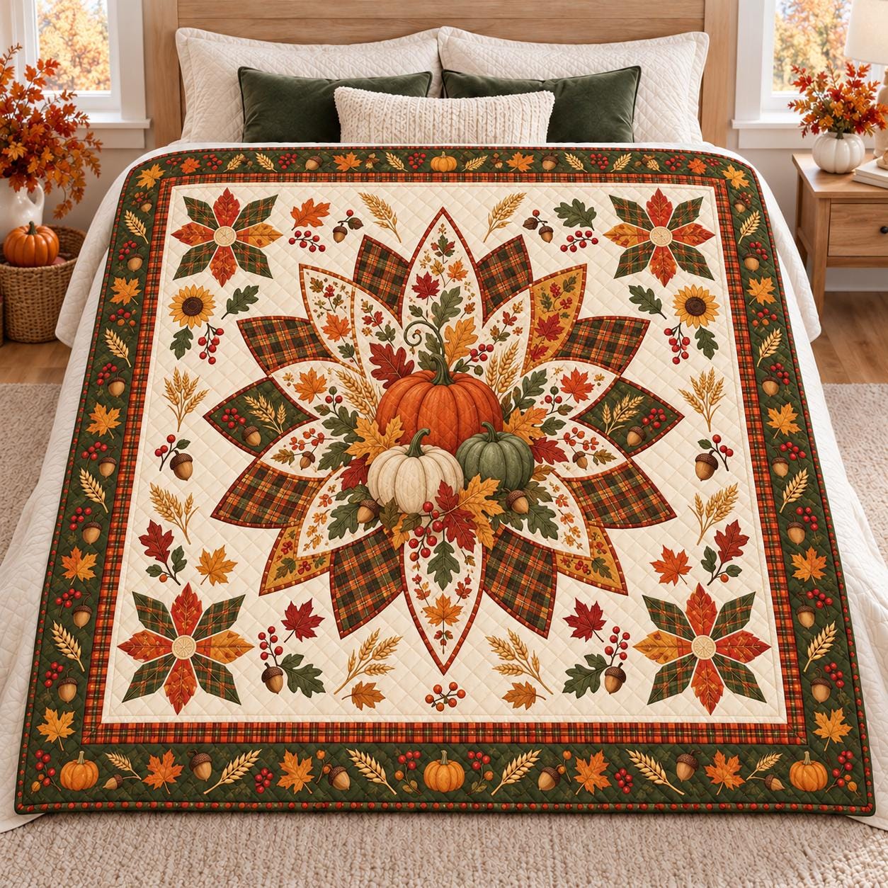 Pumpkin Blanket and Throw with Autumn Harvest Patchwork Style, Quilt Fall Bedding for Thanksgiving Farmhouse Home Decor Gift - photo 2