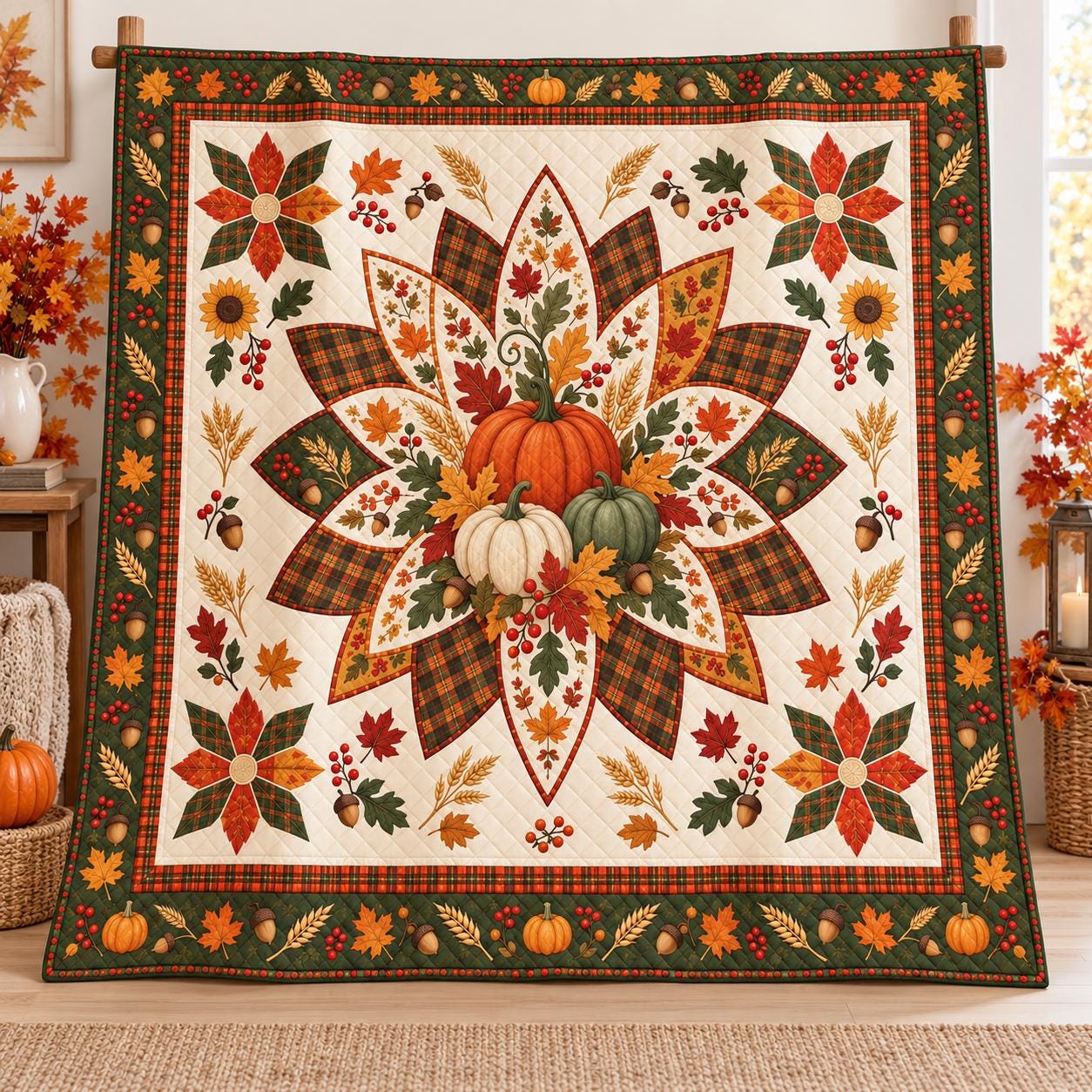 Pumpkin Blanket and Throw with Autumn Harvest Patchwork Style, Quilt Fall Bedding for Thanksgiving Farmhouse Home Decor Gift - photo 3