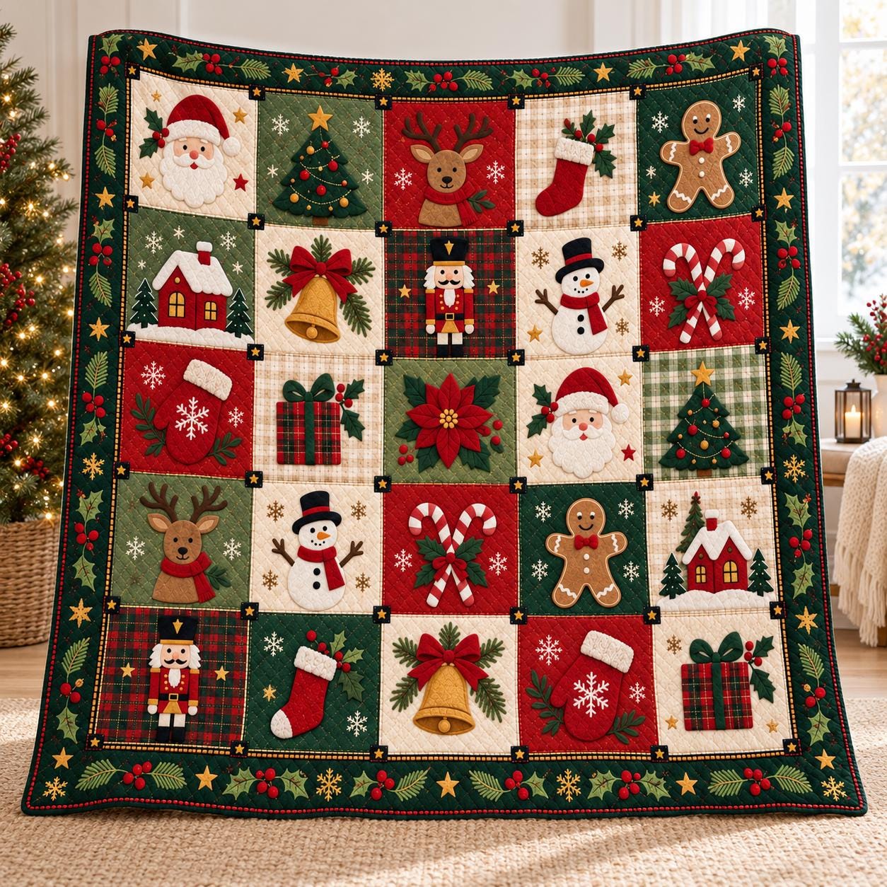 Christmas Blanket and Throw with Santa Reindeer Snowman Patchwork Style, Quilt Holiday Bedding for Cozy Christmas Home Decor Gift