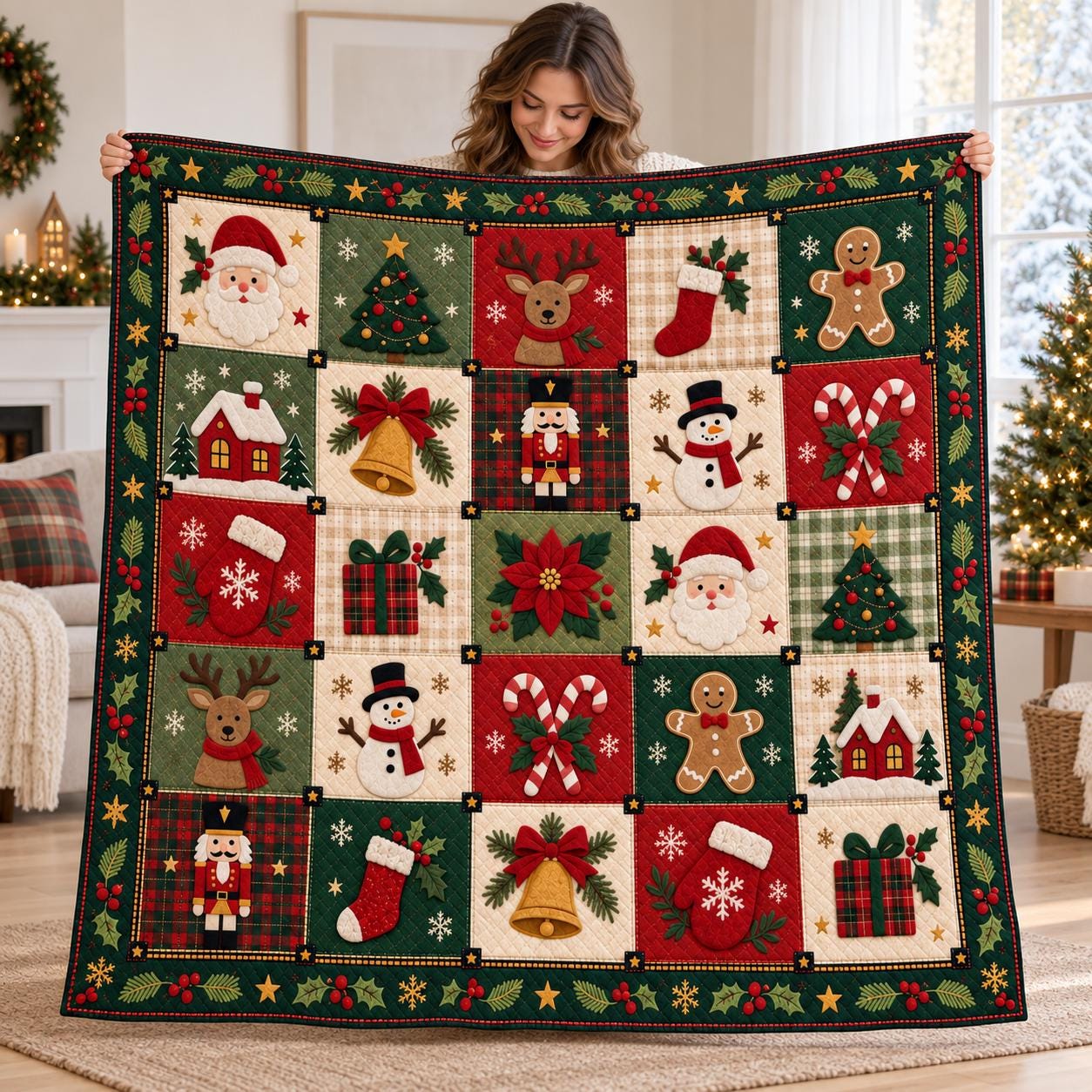 Christmas Blanket and Throw with Santa Reindeer Snowman Patchwork Style, Quilt Holiday Bedding for Cozy Christmas Home Decor Gift - photo 2