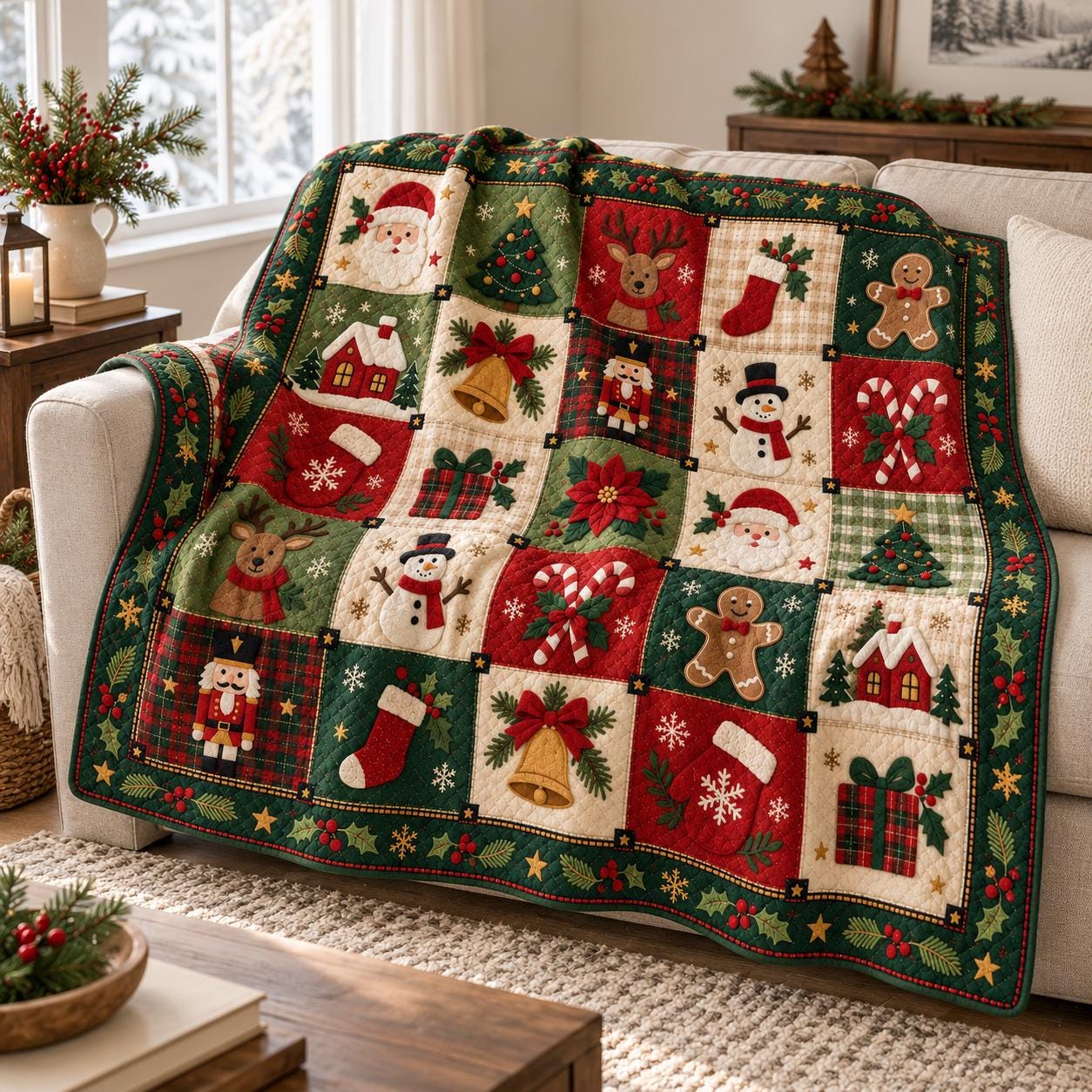 Christmas Blanket and Throw with Santa Reindeer Snowman Patchwork Style, Quilt Holiday Bedding for Cozy Christmas Home Decor Gift - photo 3