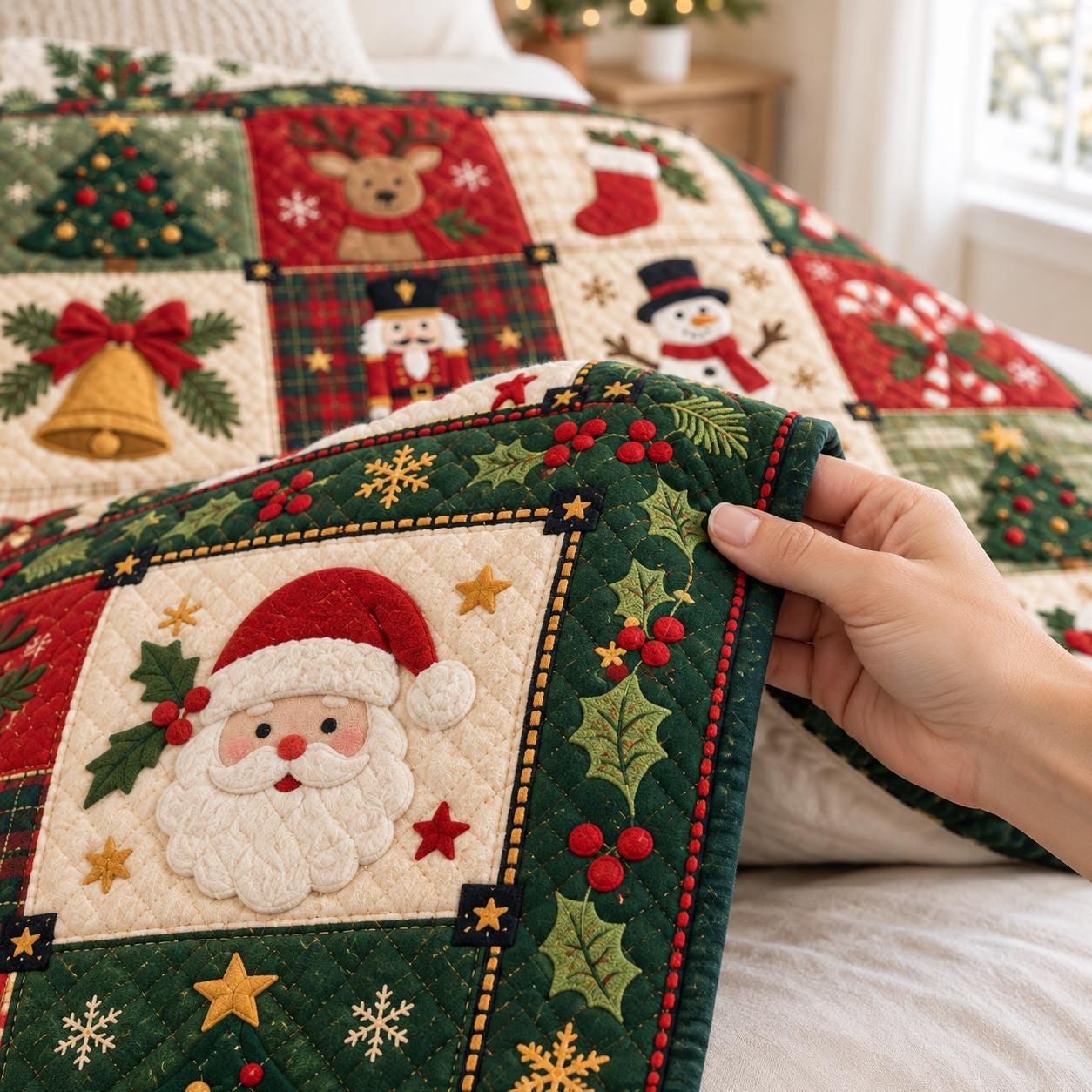 Christmas Blanket and Throw with Santa Reindeer Snowman Patchwork Style, Quilt Holiday Bedding for Cozy Christmas Home Decor Gift - photo 7