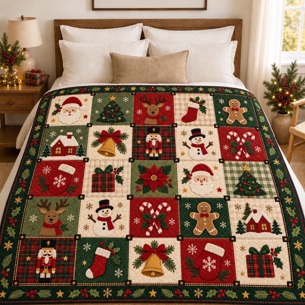 Christmas Blanket and Throw with Santa Reindeer Snowman Patchwork Style, Quilt Holiday Bedding for Cozy Christmas Home Decor Gift - photo 8