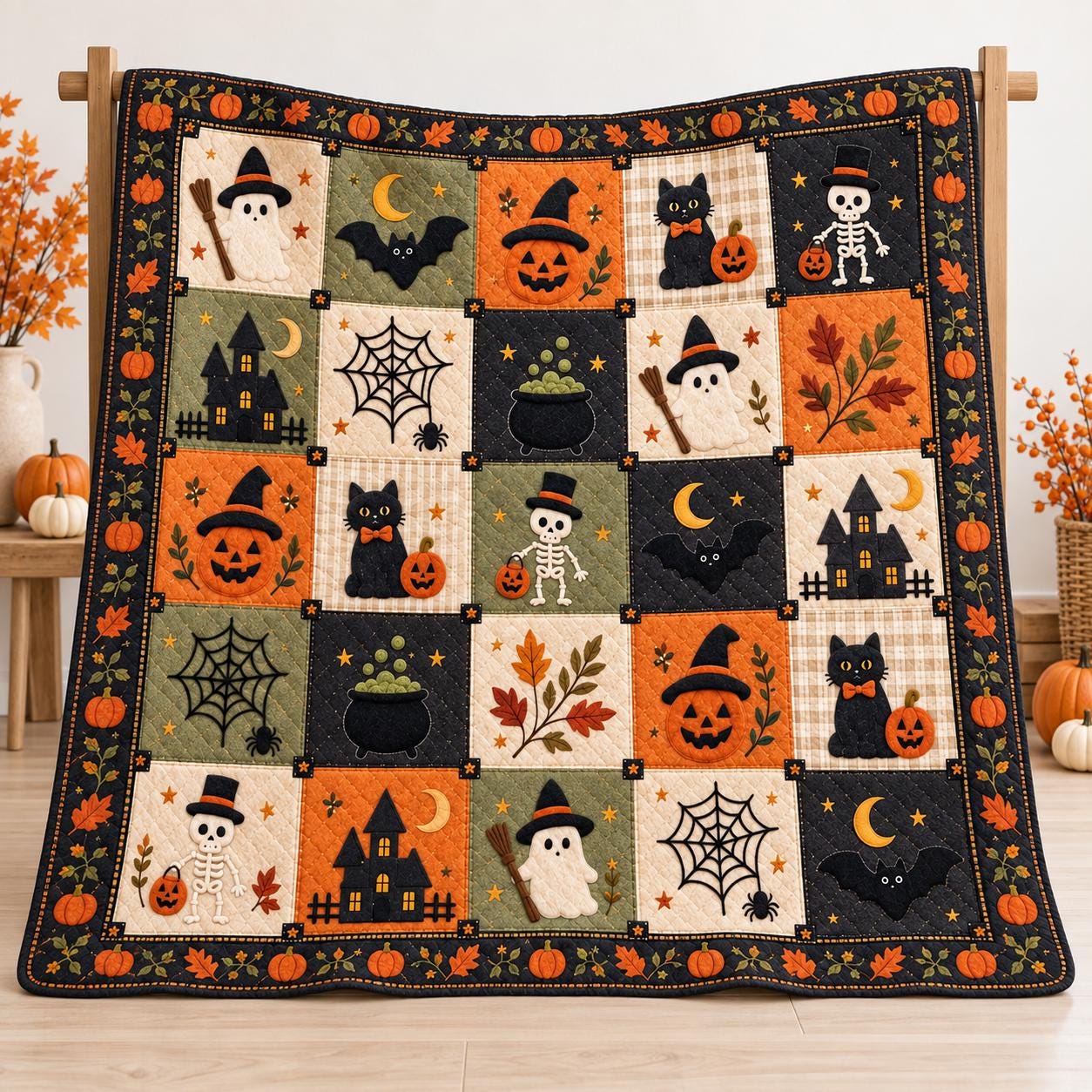 Halloween Blanket and Throw with Ghost Black Cat Pumpkin Patchwork Style, Quilt Spooky Fall Bedding for Home Decor Gift