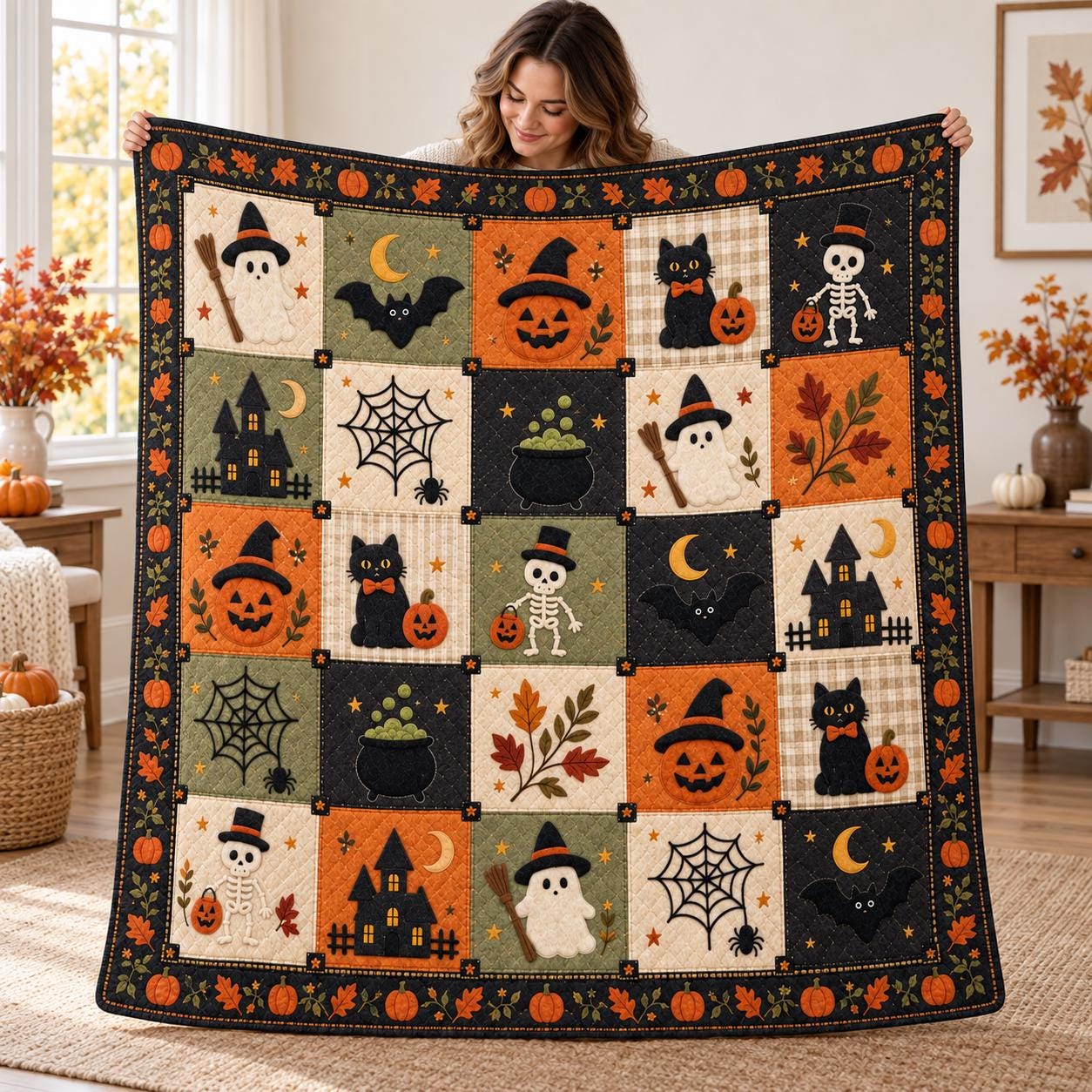 Halloween Blanket and Throw with Ghost Black Cat Pumpkin Patchwork Style, Quilt Spooky Fall Bedding for Home Decor Gift - photo 2