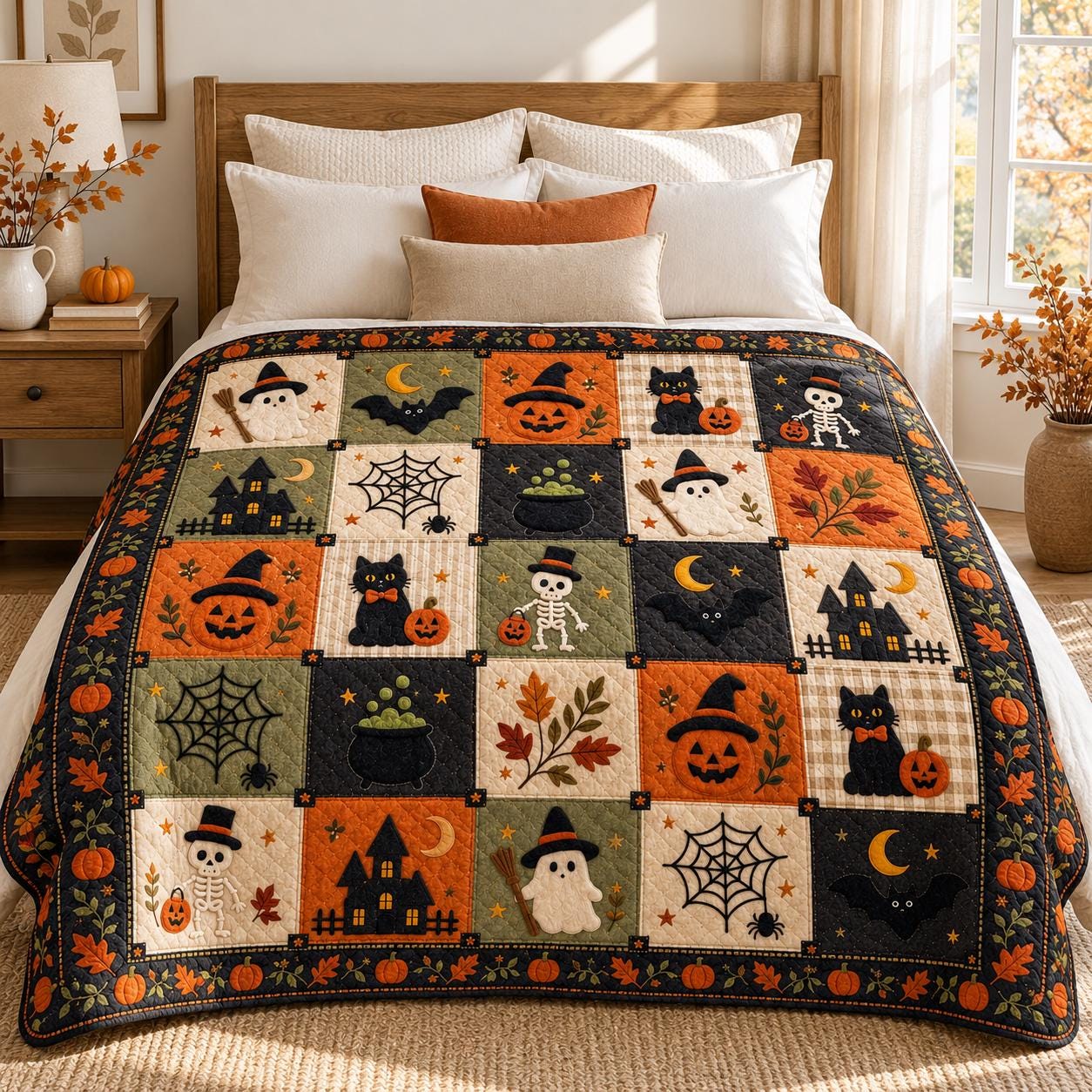 Halloween Blanket and Throw with Ghost Black Cat Pumpkin Patchwork Style, Quilt Spooky Fall Bedding for Home Decor Gift - photo 3