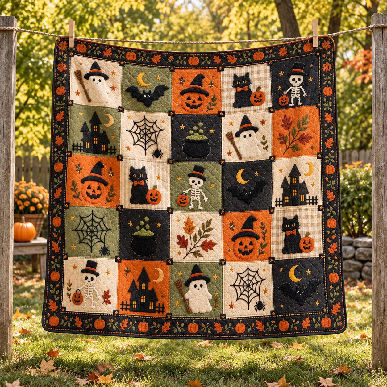 Halloween Blanket and Throw with Ghost Black Cat Pumpkin Patchwork Style, Quilt Spooky Fall Bedding for Home Decor Gift - photo 6