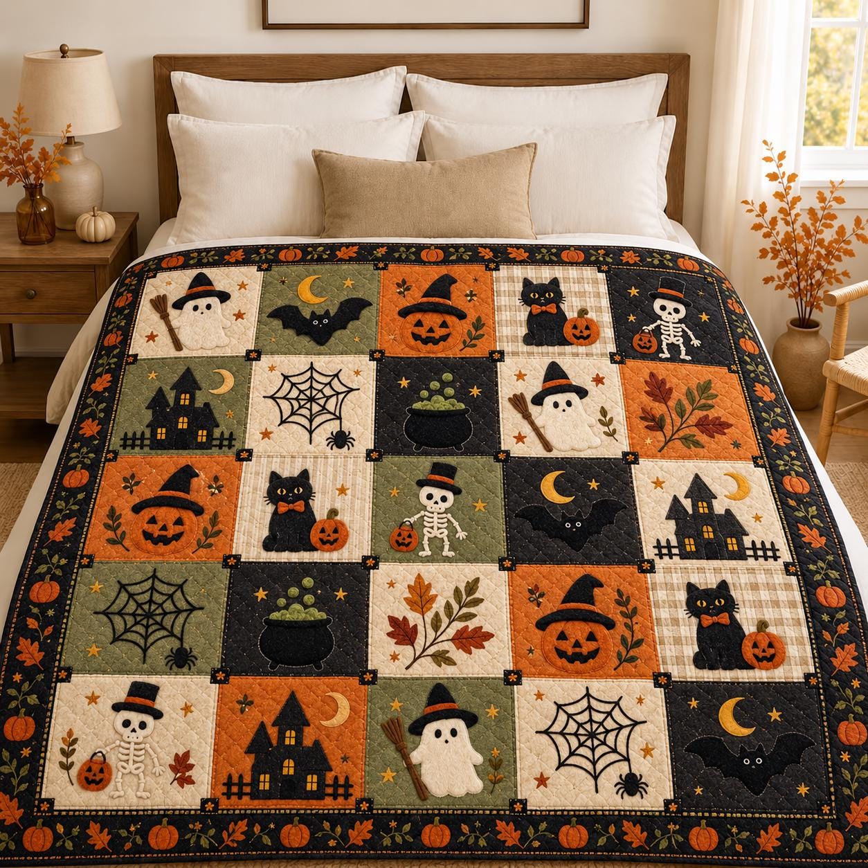 Halloween Blanket and Throw with Ghost Black Cat Pumpkin Patchwork Style, Quilt Spooky Fall Bedding for Home Decor Gift - photo 7