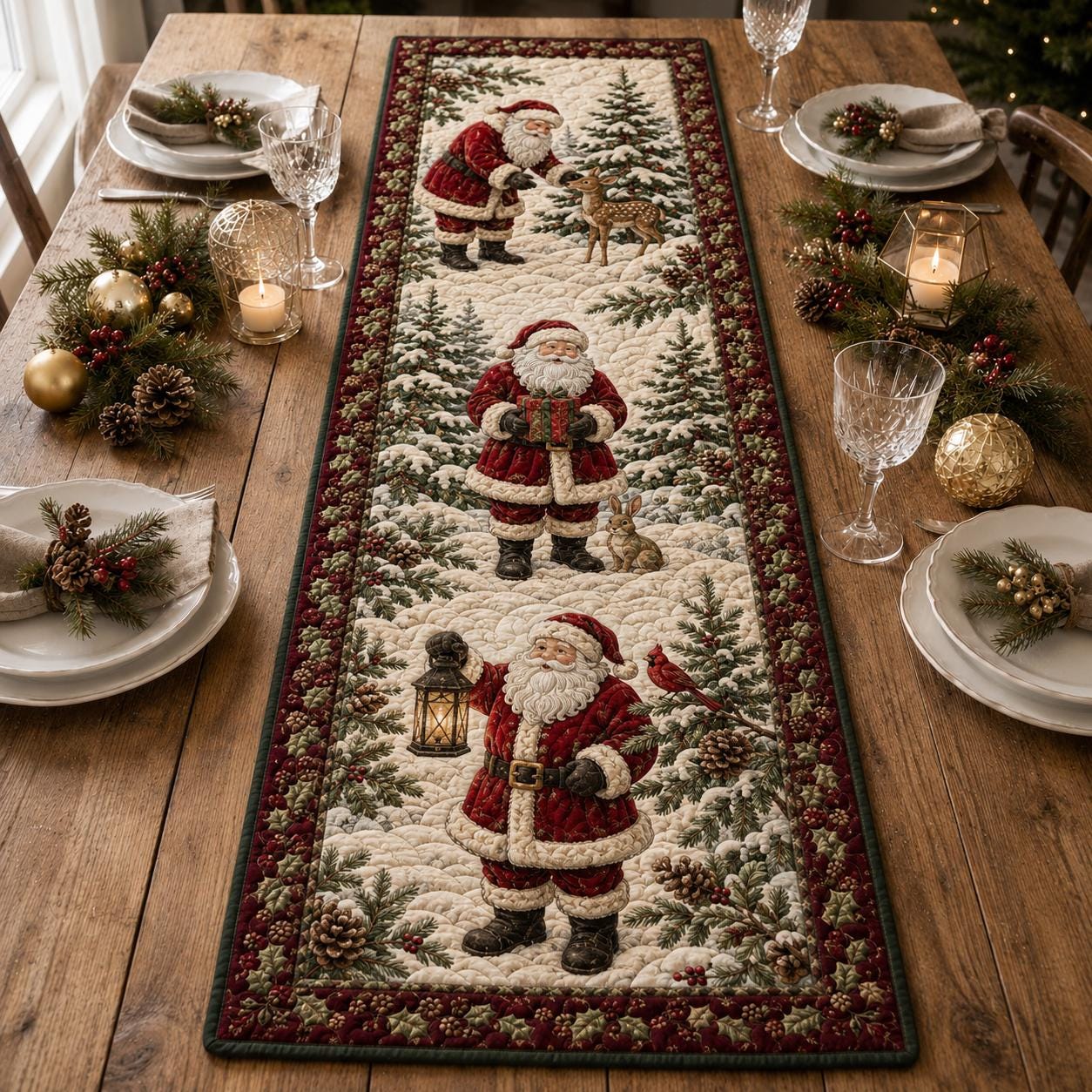 Santa Table Runner with Quilt Style Christmas Table Decor and Vintage Holiday Runner for Festive Farmhouse Dining