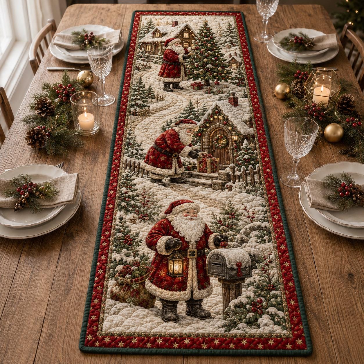 Santa Table Runner with Quilt Style Christmas Table Decor and Vintage Holiday Runner for Festive Farmhouse Dining - photo 2
