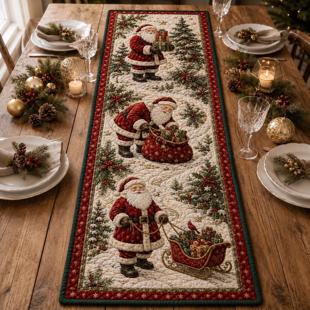 Santa Table Runner with Quilt Style Christmas Table Decor and Vintage Holiday Runner for Festive Farmhouse Dining - photo 3