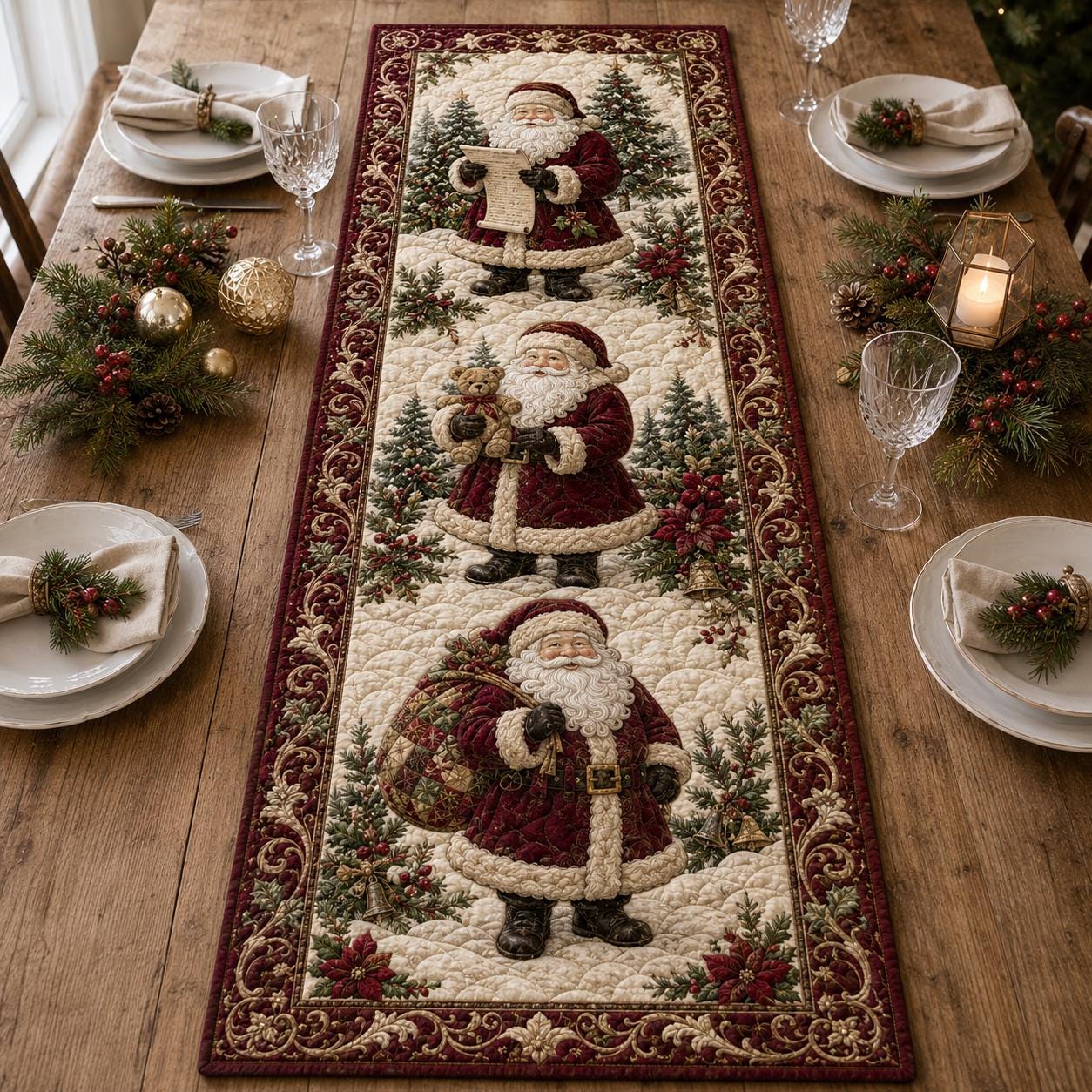 Santa Table Runner with Quilt Style Christmas Table Decor and Vintage Holiday Runner for Festive Farmhouse Dining - photo 6