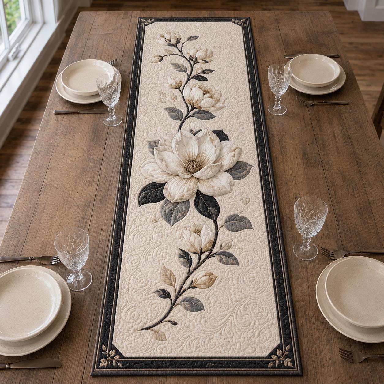 Magnolia Table Runner with Quilt Style Floral Table Decor and Elegant Botanical Flower for Cottage Farmhouse Dining